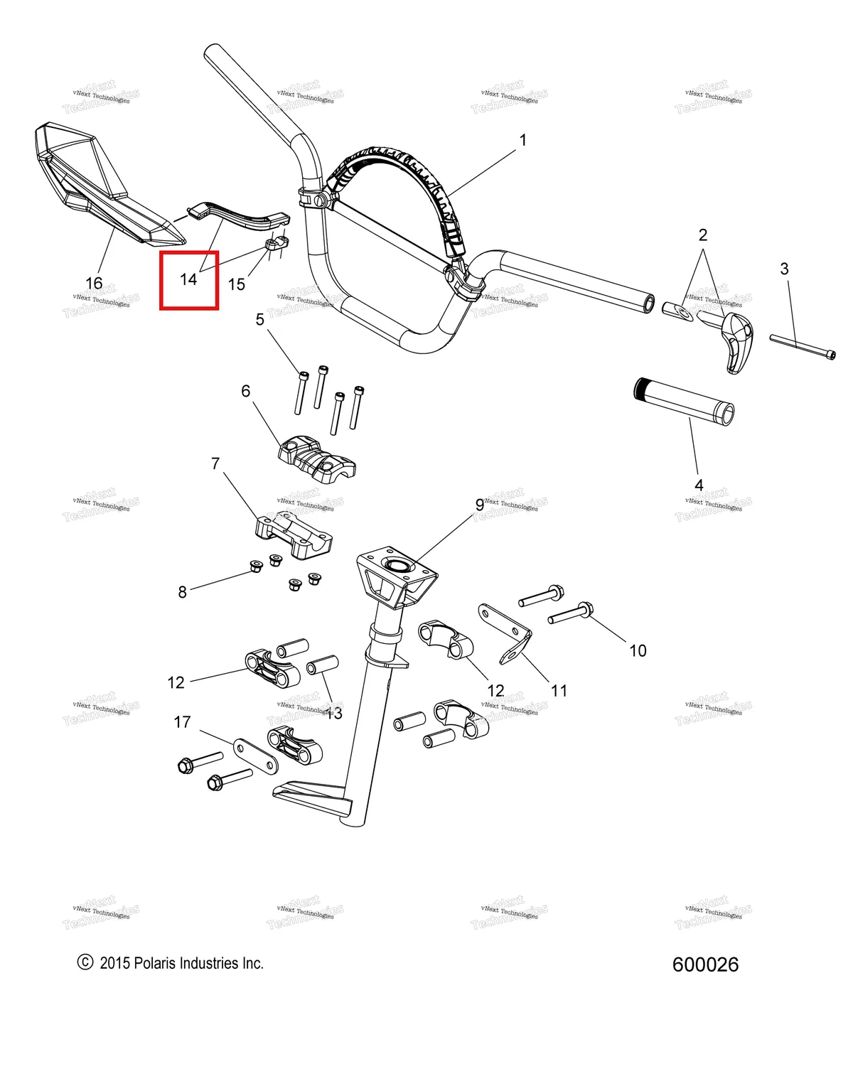 Деталь 2881241-458 (K HANDGUARD MNTS PROTAPER чёрный снежный обратный включает 15, и MOUNTING HDWR Polaris 800 AXYS Pro RMK LE 155 (2017) (2881241-458)) на схеме узла Steering, Handlebar Mounting All Options
