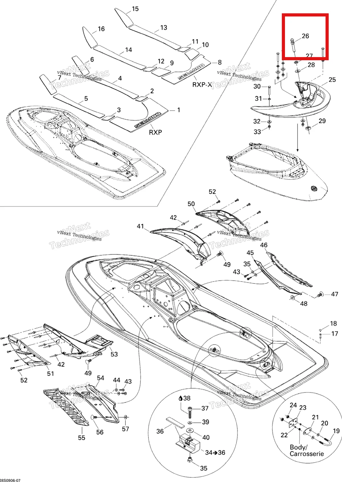 Деталь 291000691 на схеме узла 2009 Sea-Doo RXP 215 Body, Rear View