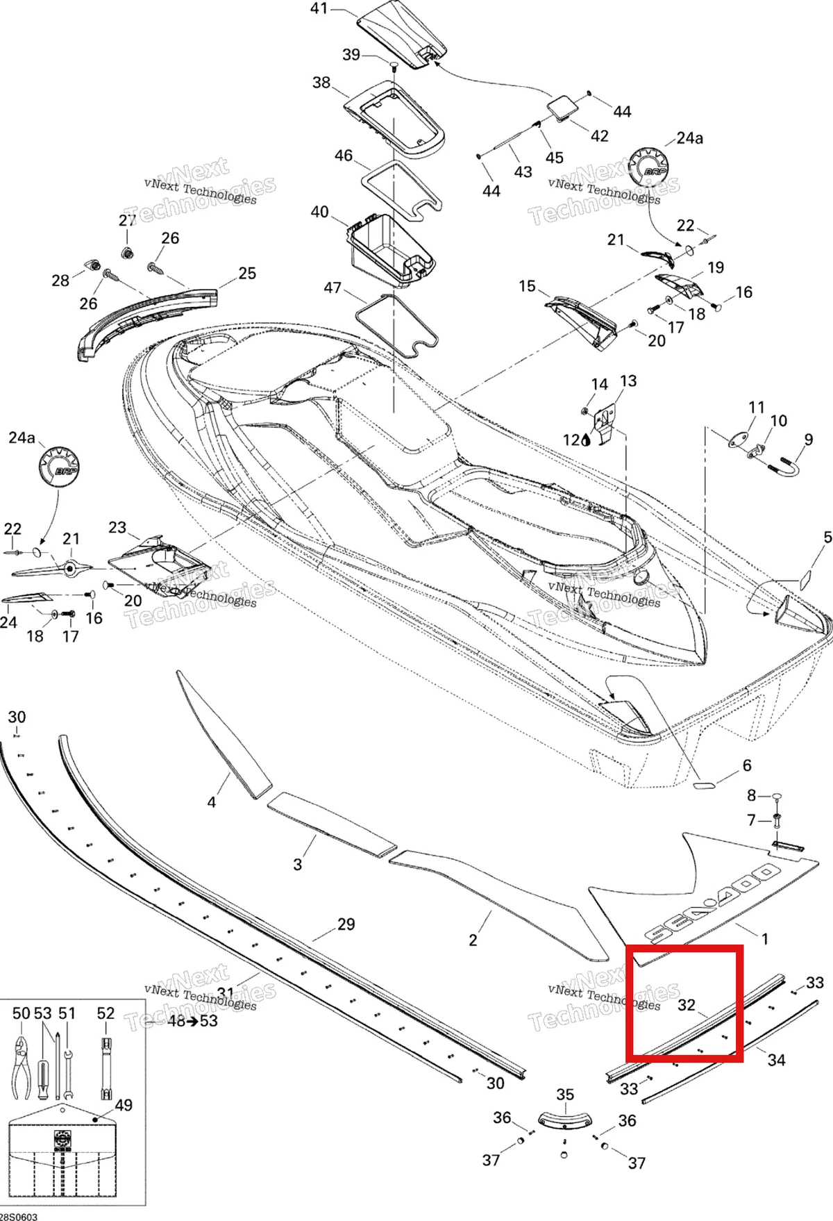 Деталь 291001483 на схеме узла 2006 Sea-Doo GTX 4-TEC SC Body, Rear View