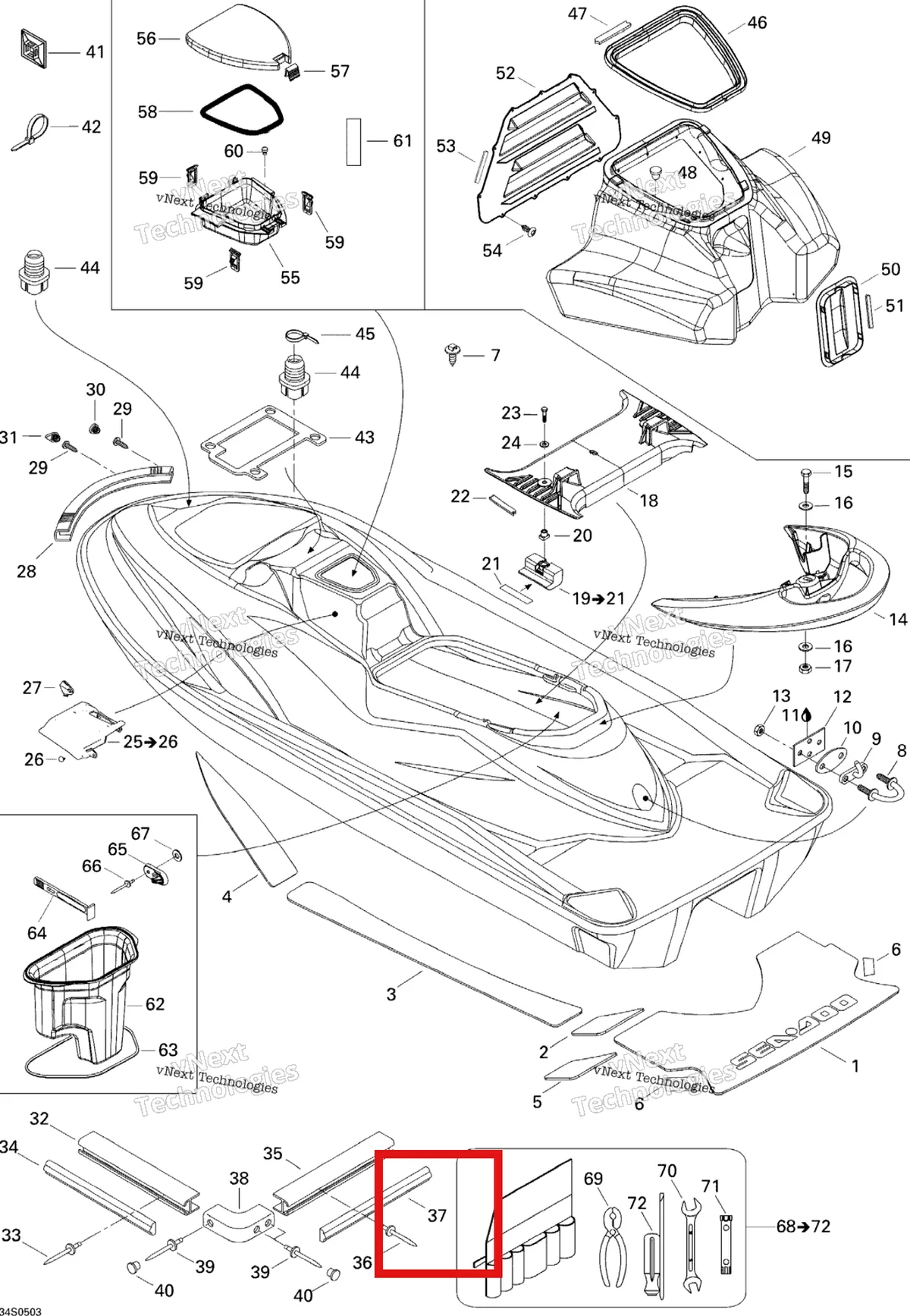 Деталь 291001537 на схеме узла 2005 Sea-Doo GTI LE RFI Body Le