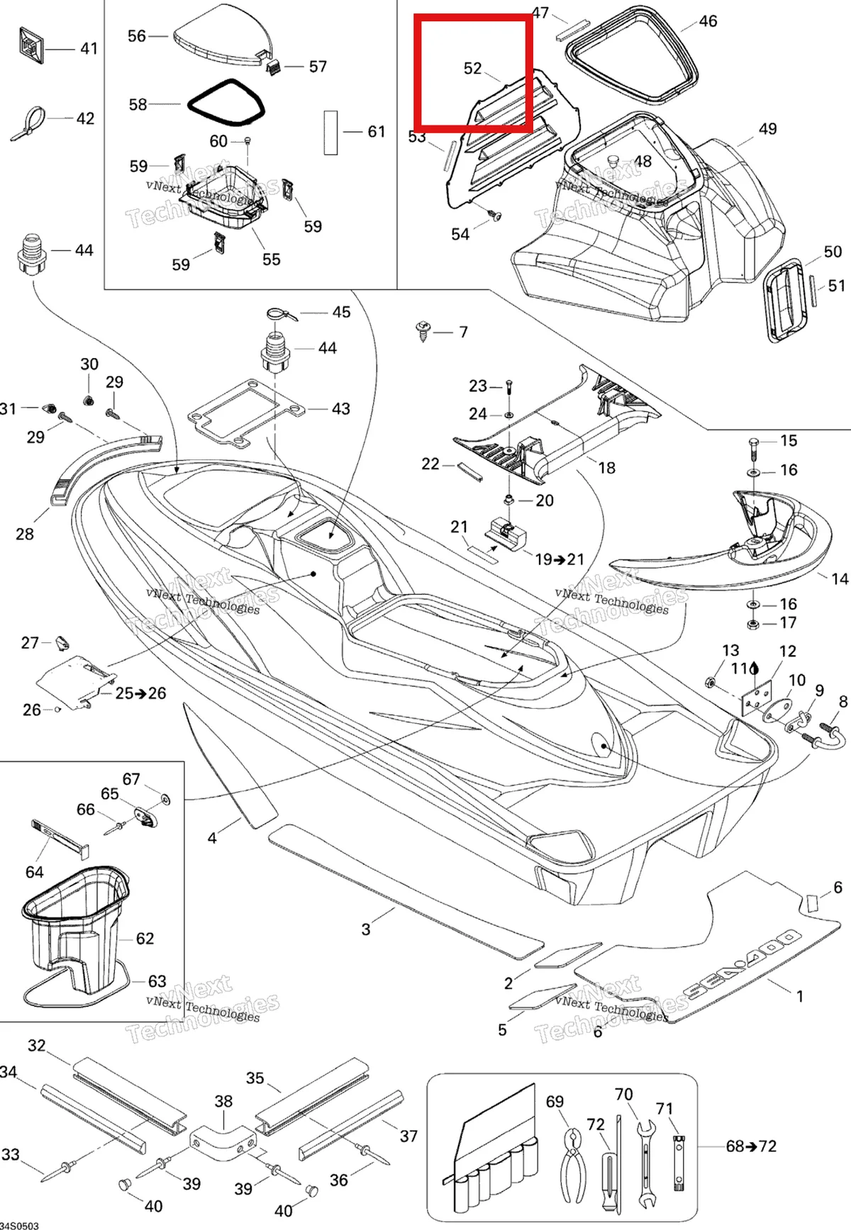 Деталь 291001631 на схеме узла 2005 Sea-Doo GTI LE RFI Body Le