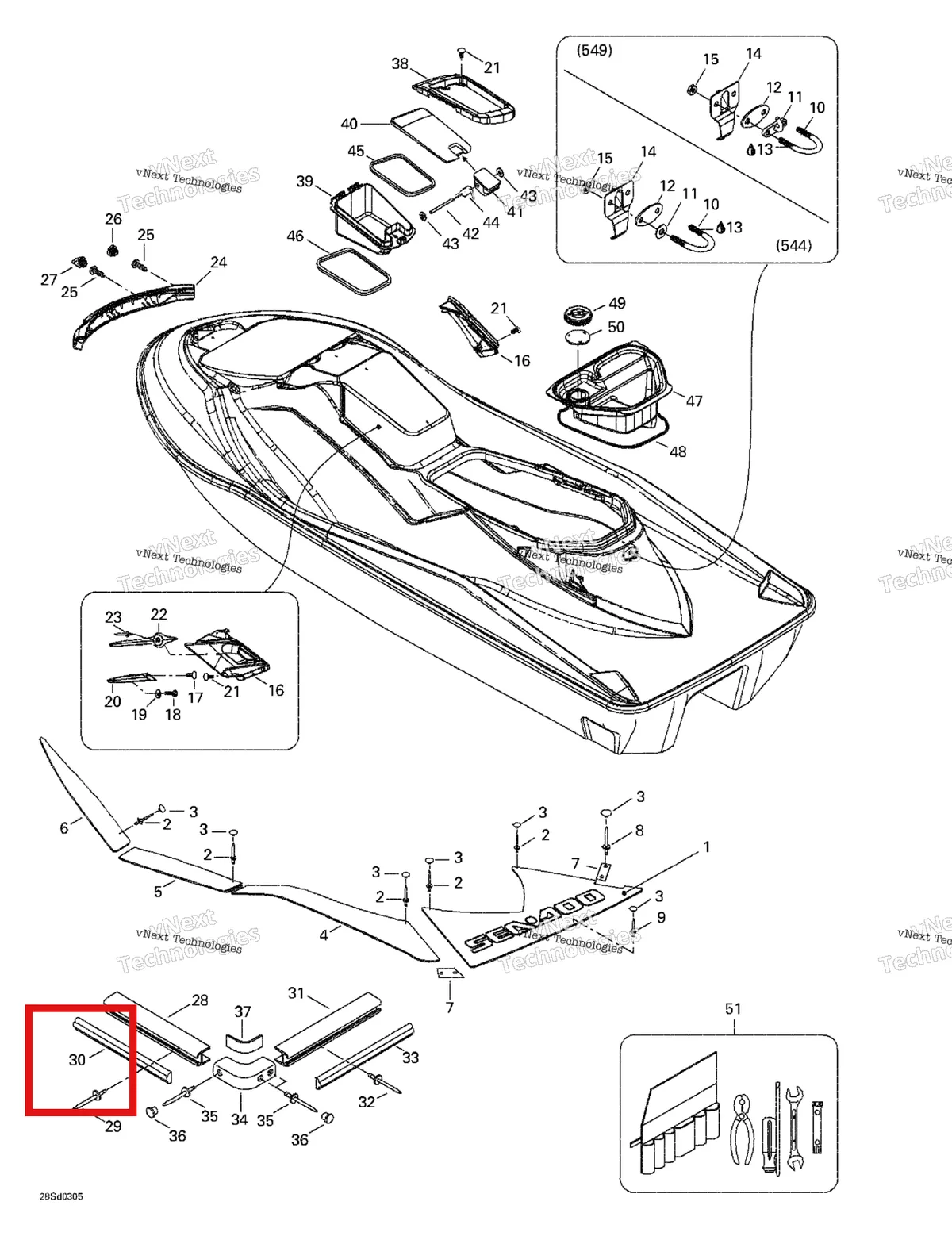 Деталь 291001685 на схеме узла 2003 Sea-Doo GTX 4-TEC Wake Body, Rear View