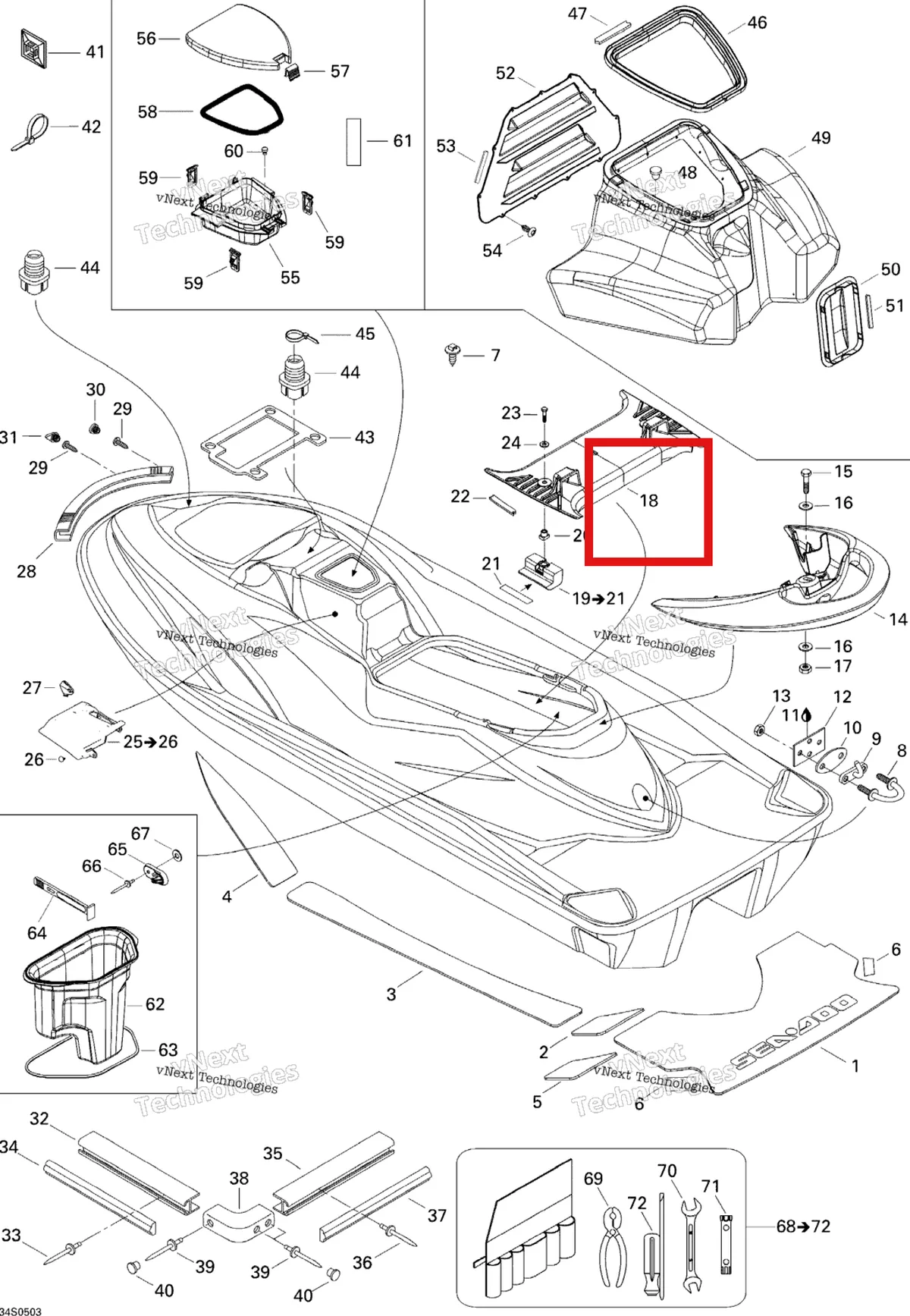 Деталь 291001854 на схеме узла 2005 Sea-Doo GTI LE RFI Body Le