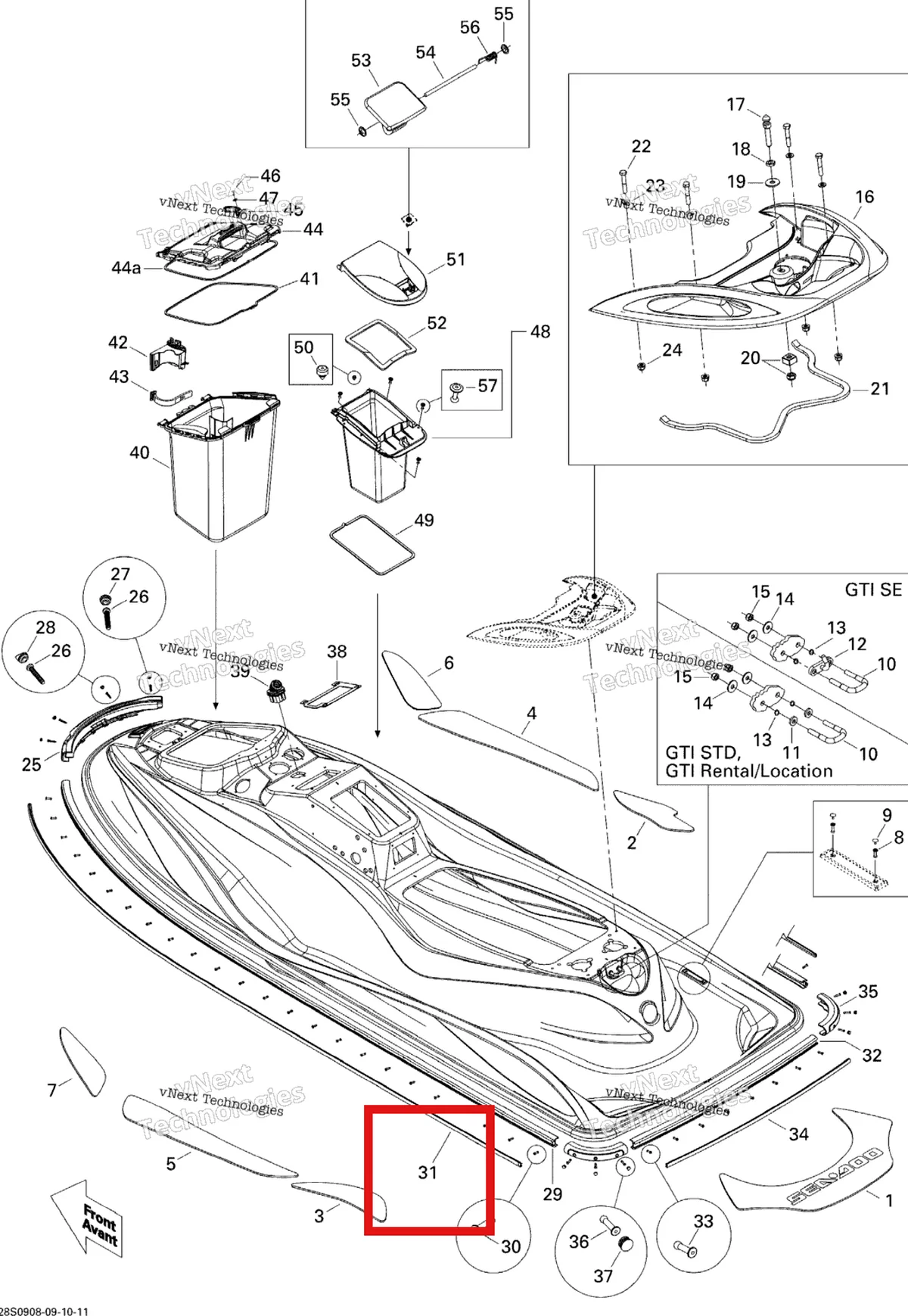 Деталь 291001897 на схеме узла 2009 Sea-Doo Wake 155 Body, Rear View
