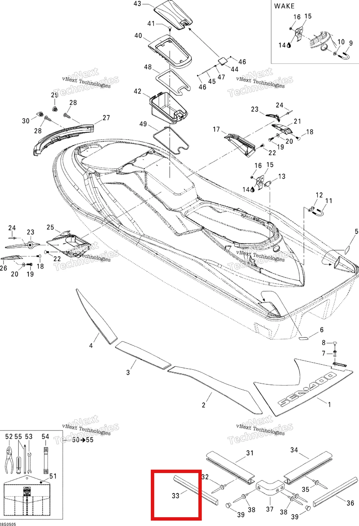 Деталь 291001972 на схеме узла 2005 Sea-Doo GTX 4-TEC, STD Body, Rear View Std