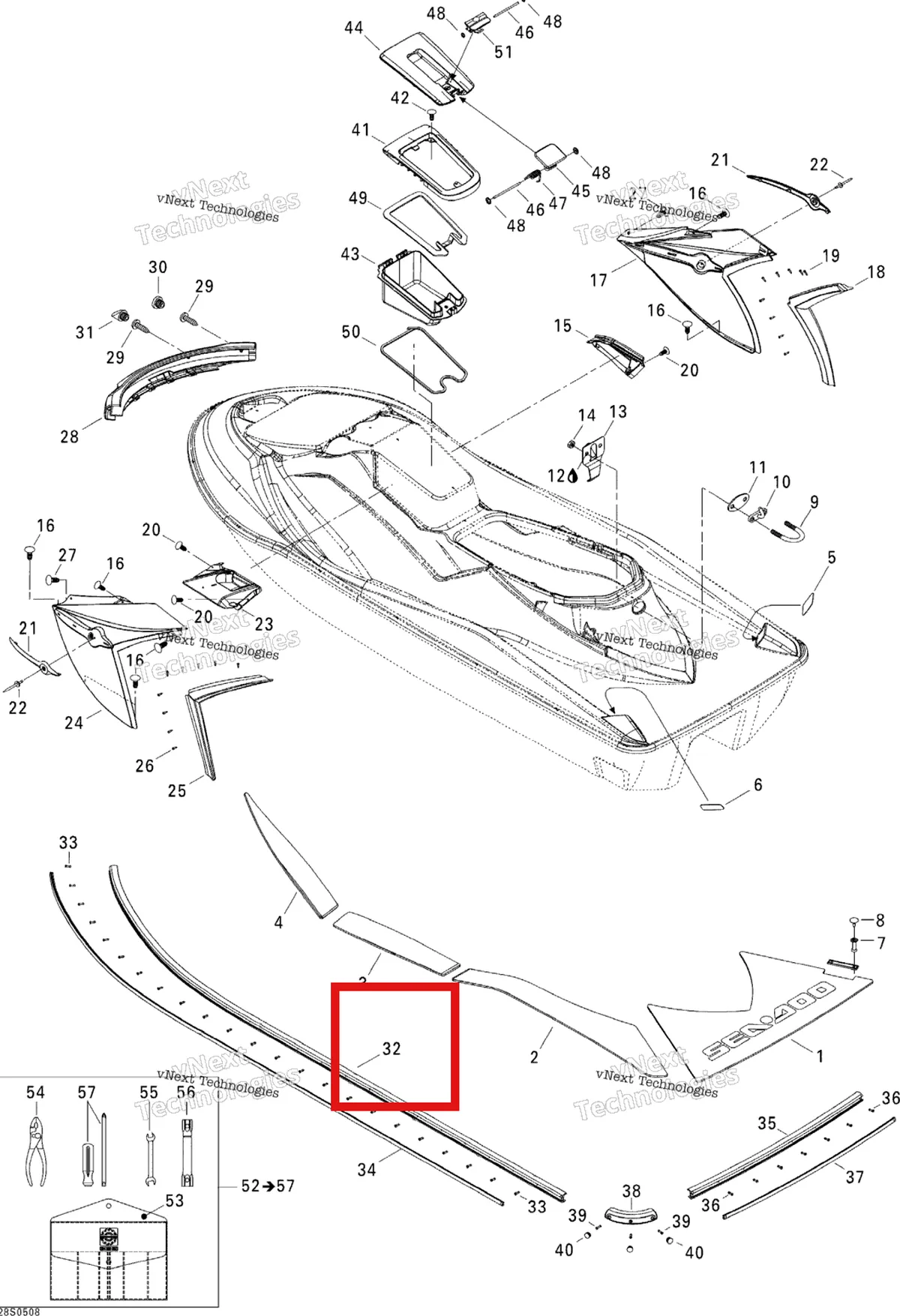 Деталь 291002072 на схеме узла 2005 Sea-Doo GTX 4-TEC, LTD SCIC Body, Rear View