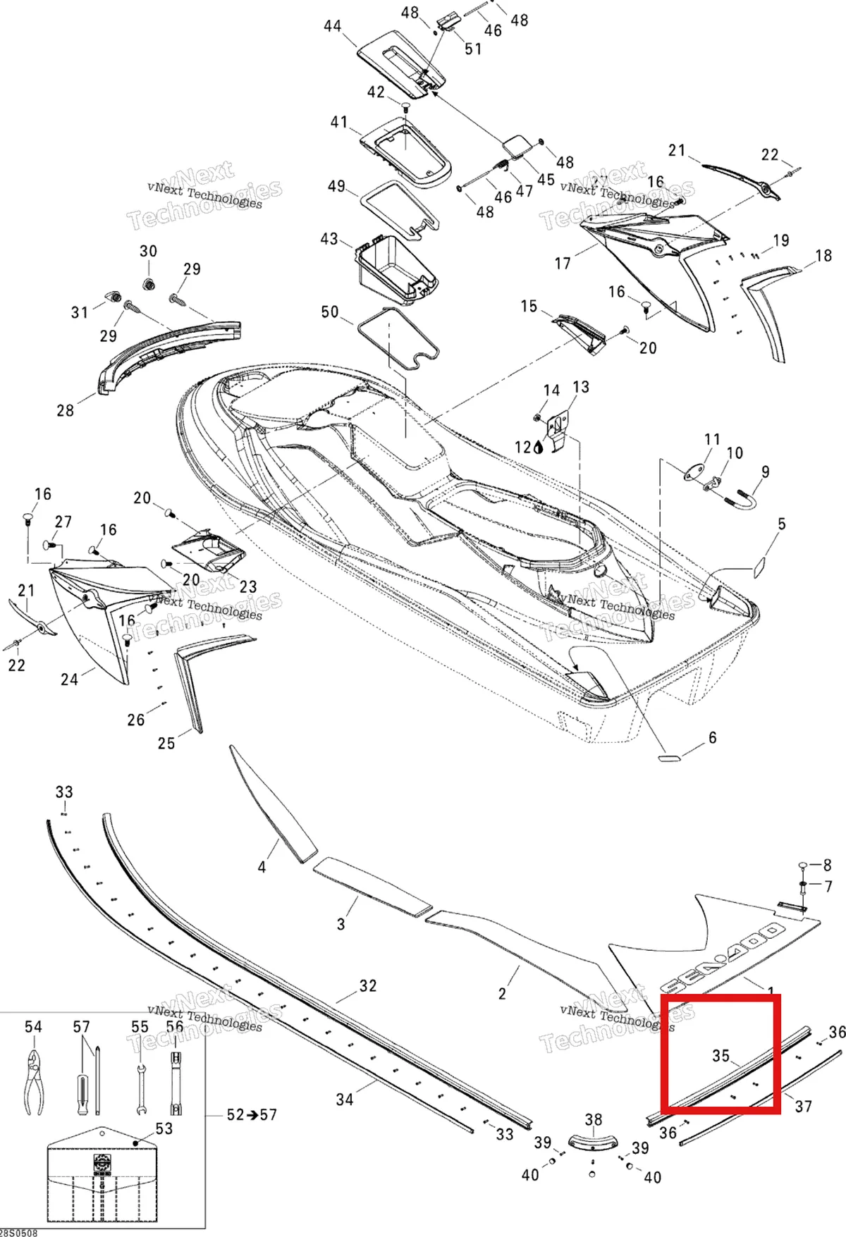 Деталь 291002075 на схеме узла 2005 Sea-Doo GTX 4-TEC, LTD SCIC Body, Rear View