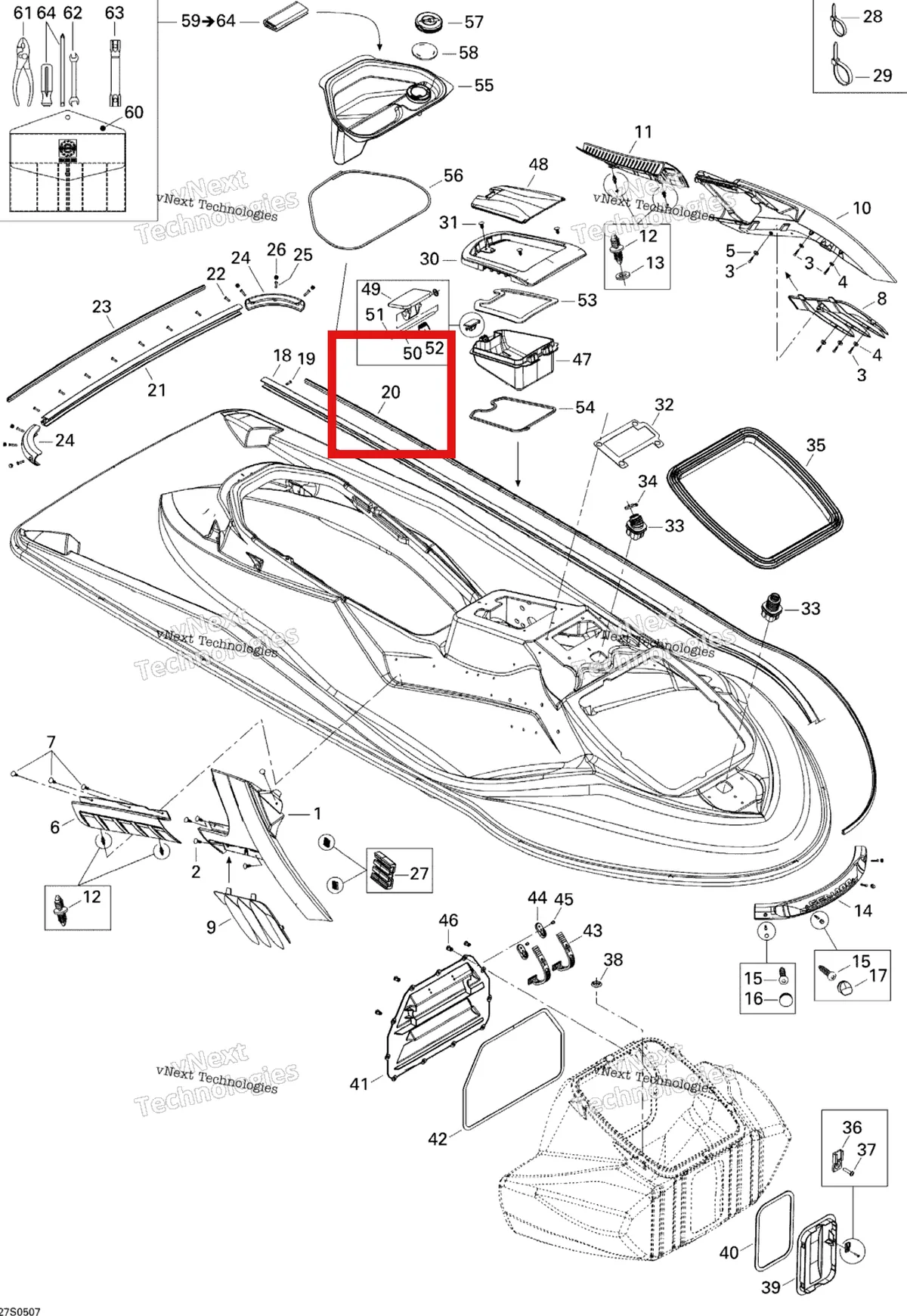Деталь 291002142 на схеме узла 2005 Sea-Doo RXT Body, Front View Green
