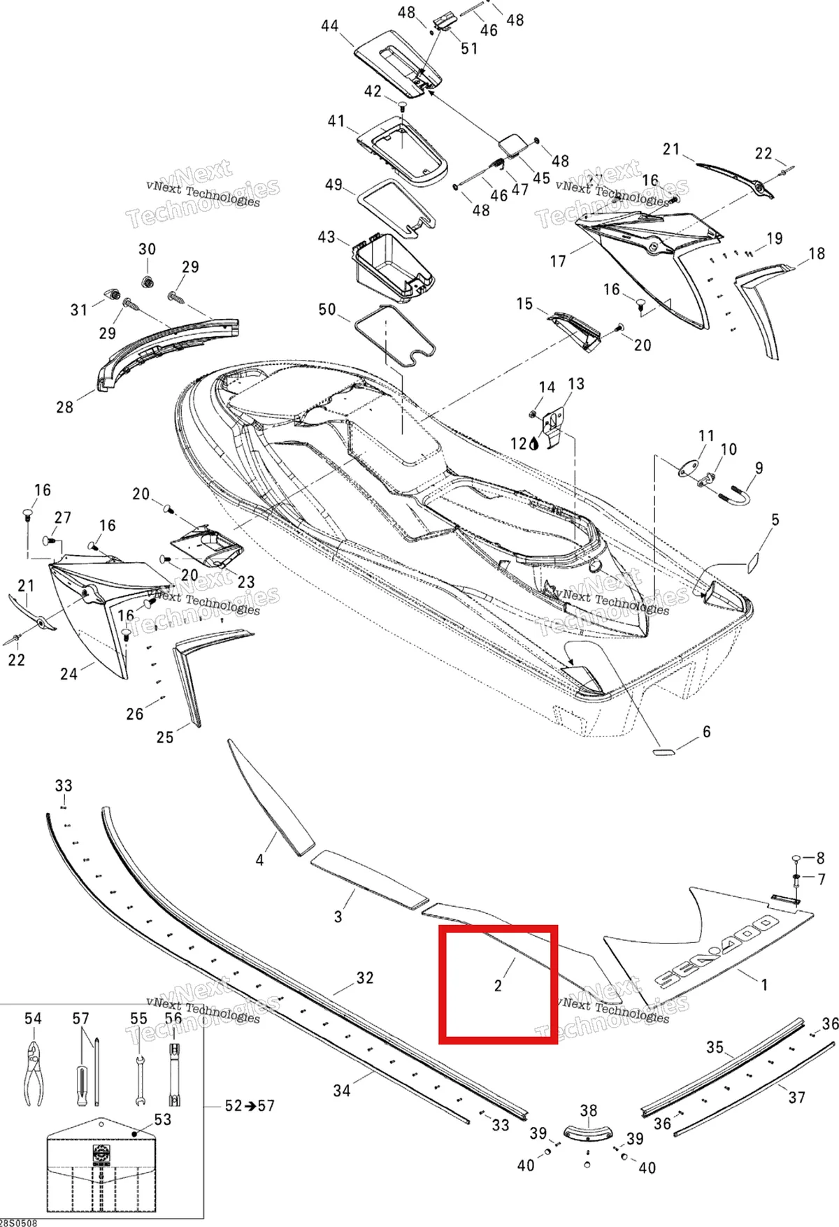 Деталь 291002164 на схеме узла 2005 Sea-Doo GTX 4-TEC, LTD SCIC Body, Rear View