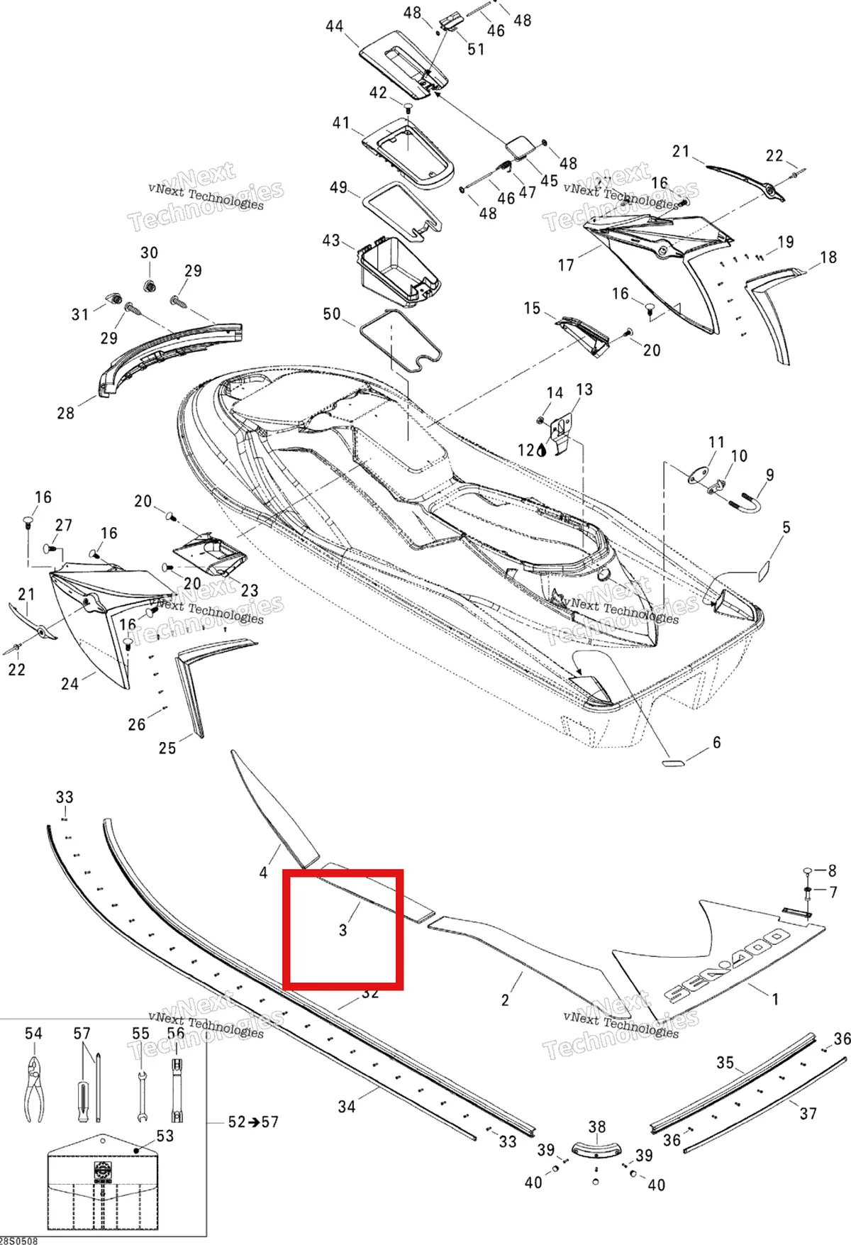 Деталь 291002166 на схеме узла 2005 Sea-Doo GTX 4-TEC, LTD SCIC Body, Rear View