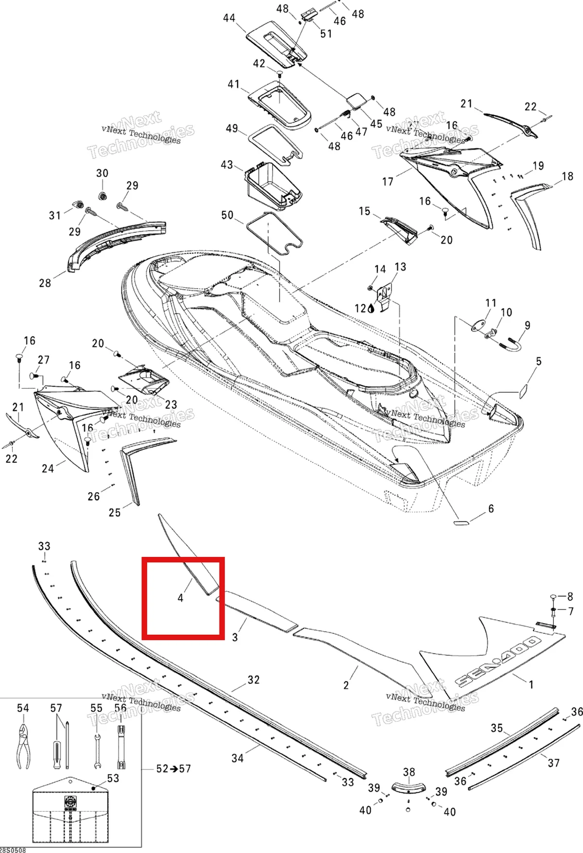 Деталь 291002172 на схеме узла 2005 Sea-Doo GTX 4-TEC, LTD SCIC Body, Rear View