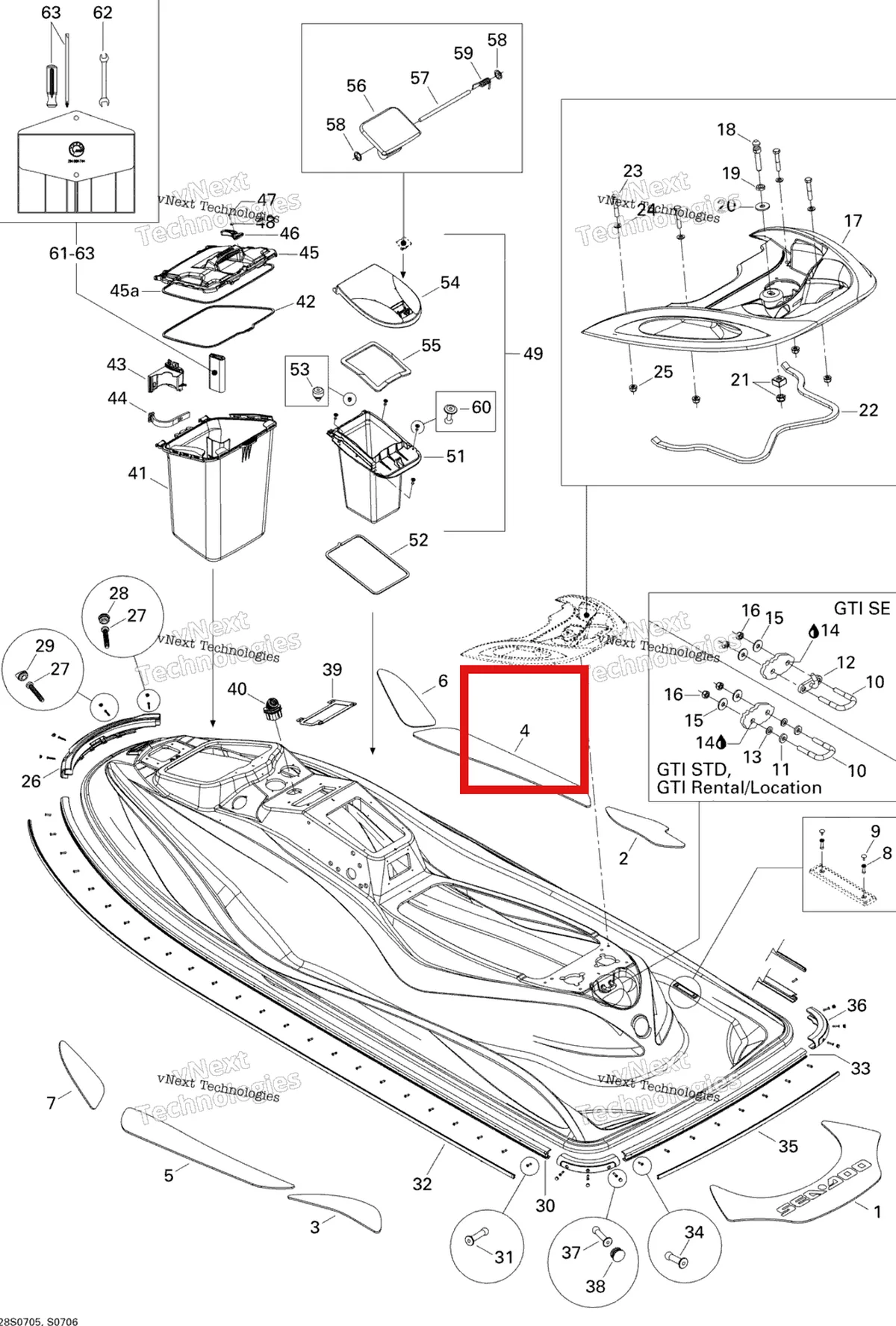 Деталь 291002228 на схеме узла 2007 Sea-Doo GTI 4-TEC SE Body, Rear View Se