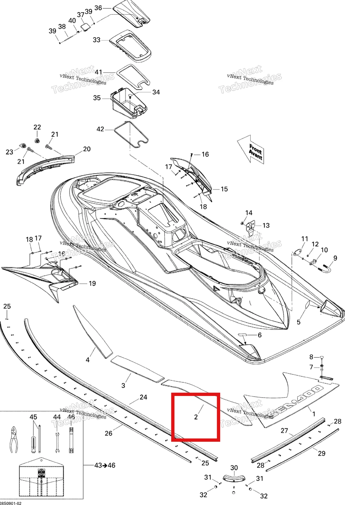 Деталь 291002382 на схеме узла 2009 Sea-Doo GTX 155 Body, Rear View