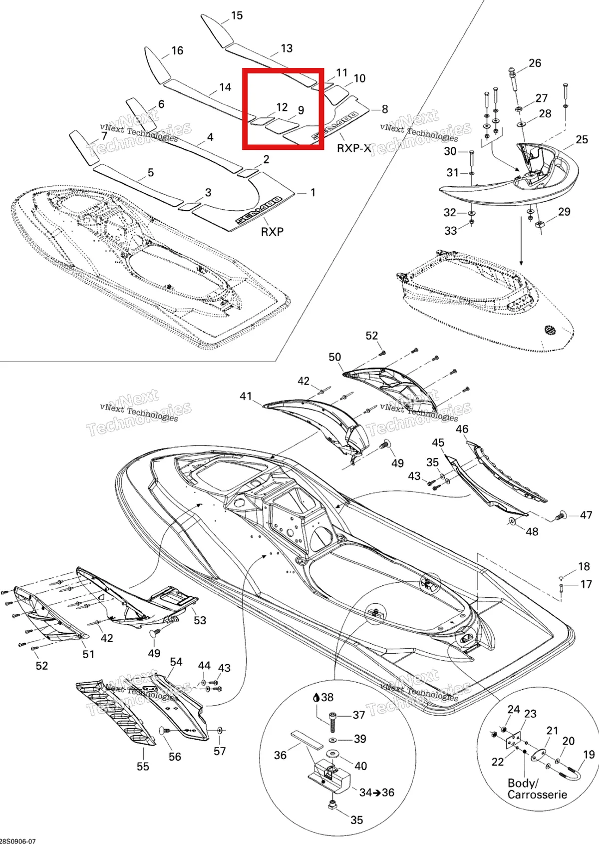 Деталь 291002536 на схеме узла 2009 Sea-Doo RXP-X 255 and 255 RS Body, Rear View