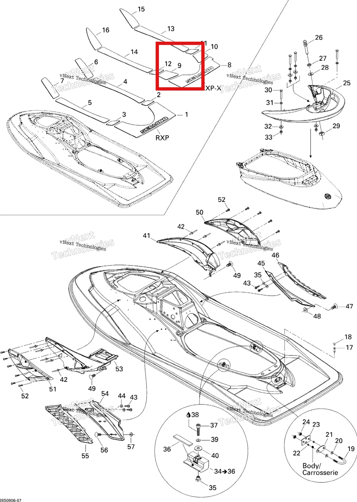 Деталь 291002598 на схеме узла 2009 Sea-Doo RXP-X 255 and 255 RS Body, Rear View