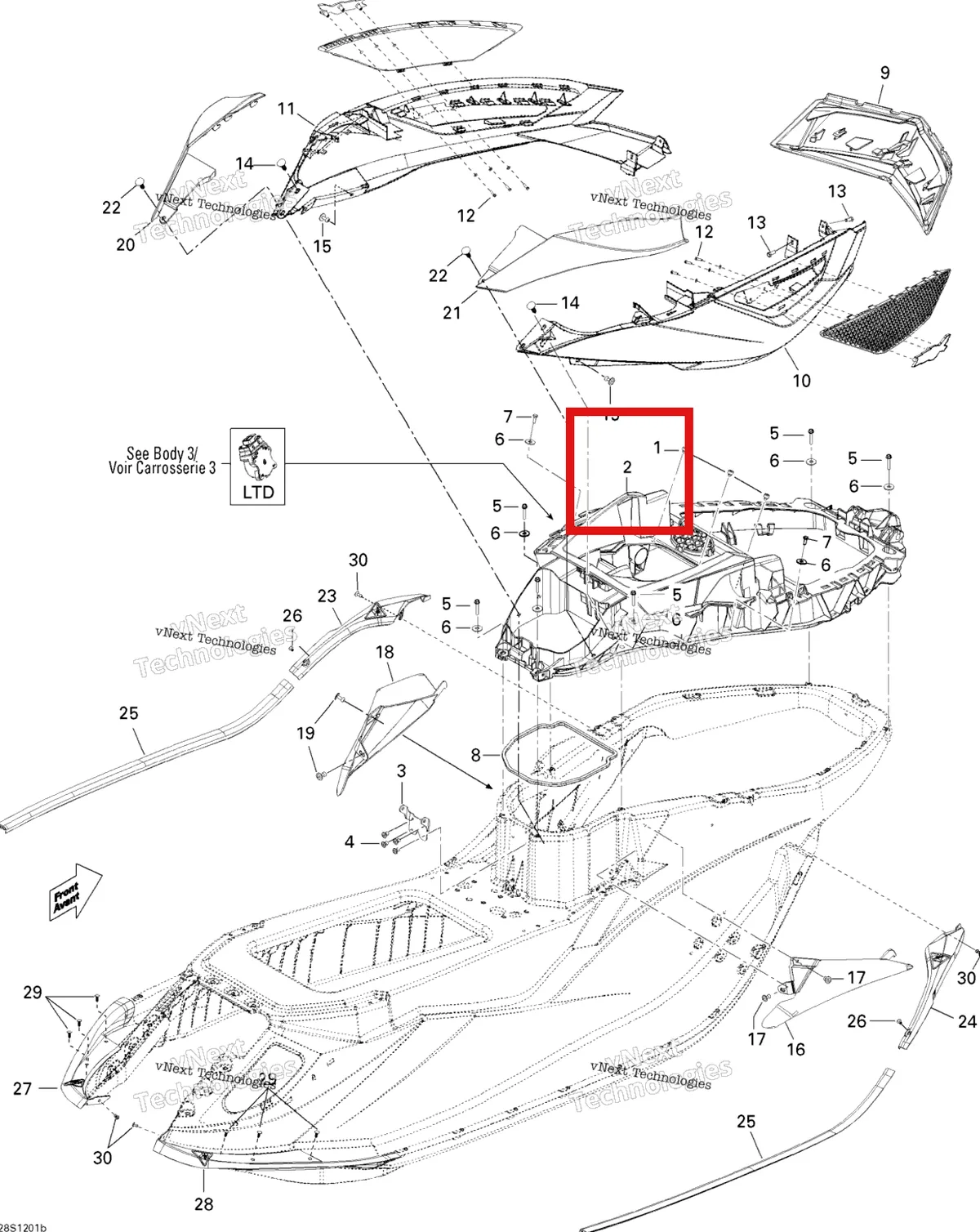 Деталь 291003017 (Передний блок Sea-Doo GTX 215 (2012) (291003017)) на схеме узла Body, Rear View 2