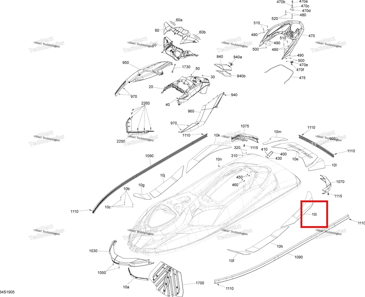 Деталь 291003577 (Задний Center Carpet левый Sea-Doo RXP (2016) (291003577)) на схеме узла 2019 Sea-Doo GTR 230 Body