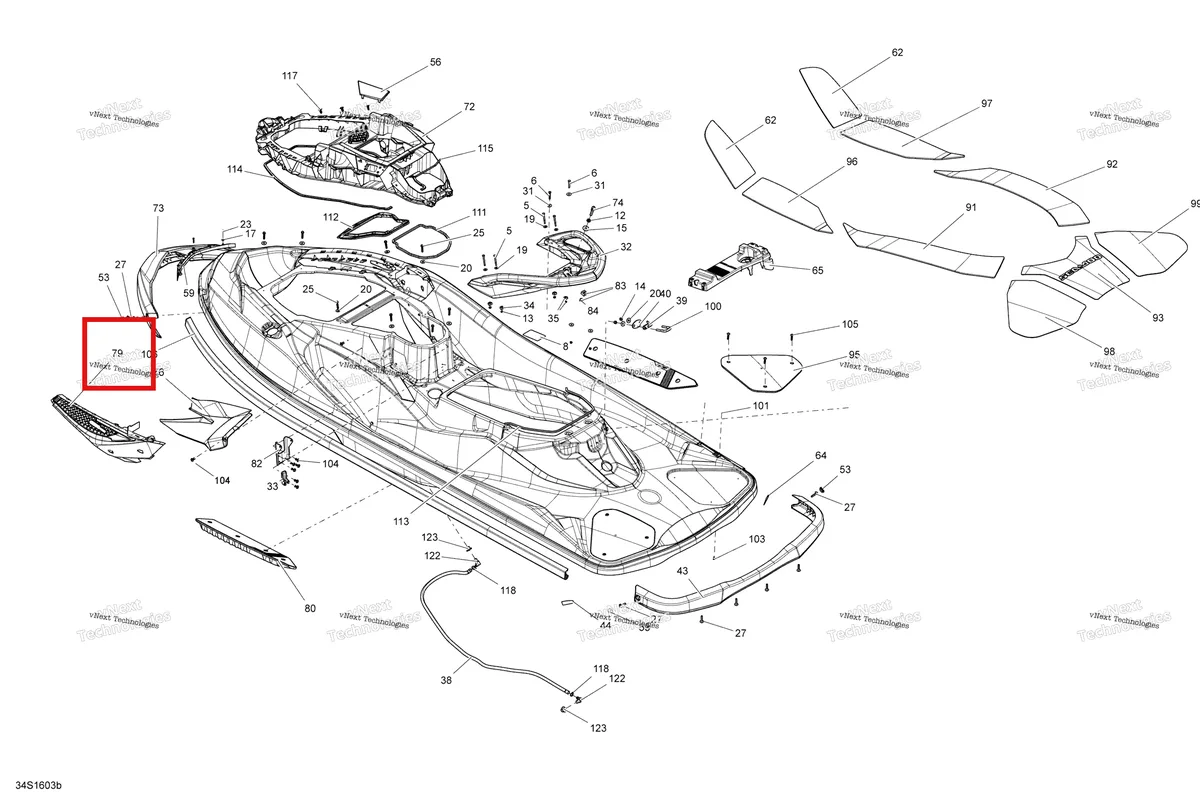 Схема применяемости: Передний левый Cosmetic Ass двигатель 260 HP Sea-Doo RXT (2016) (291004341)