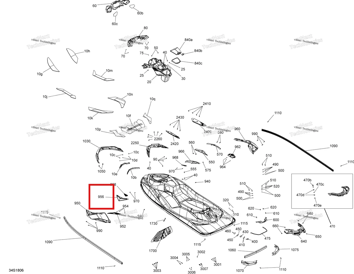 Деталь 291004368 (Красный передний Cosmetic левый Sea-Doo RXP 300 (2018) (291004368)) на схеме узла 2018 Sea-Doo RXP 300 Body Rxp - 300