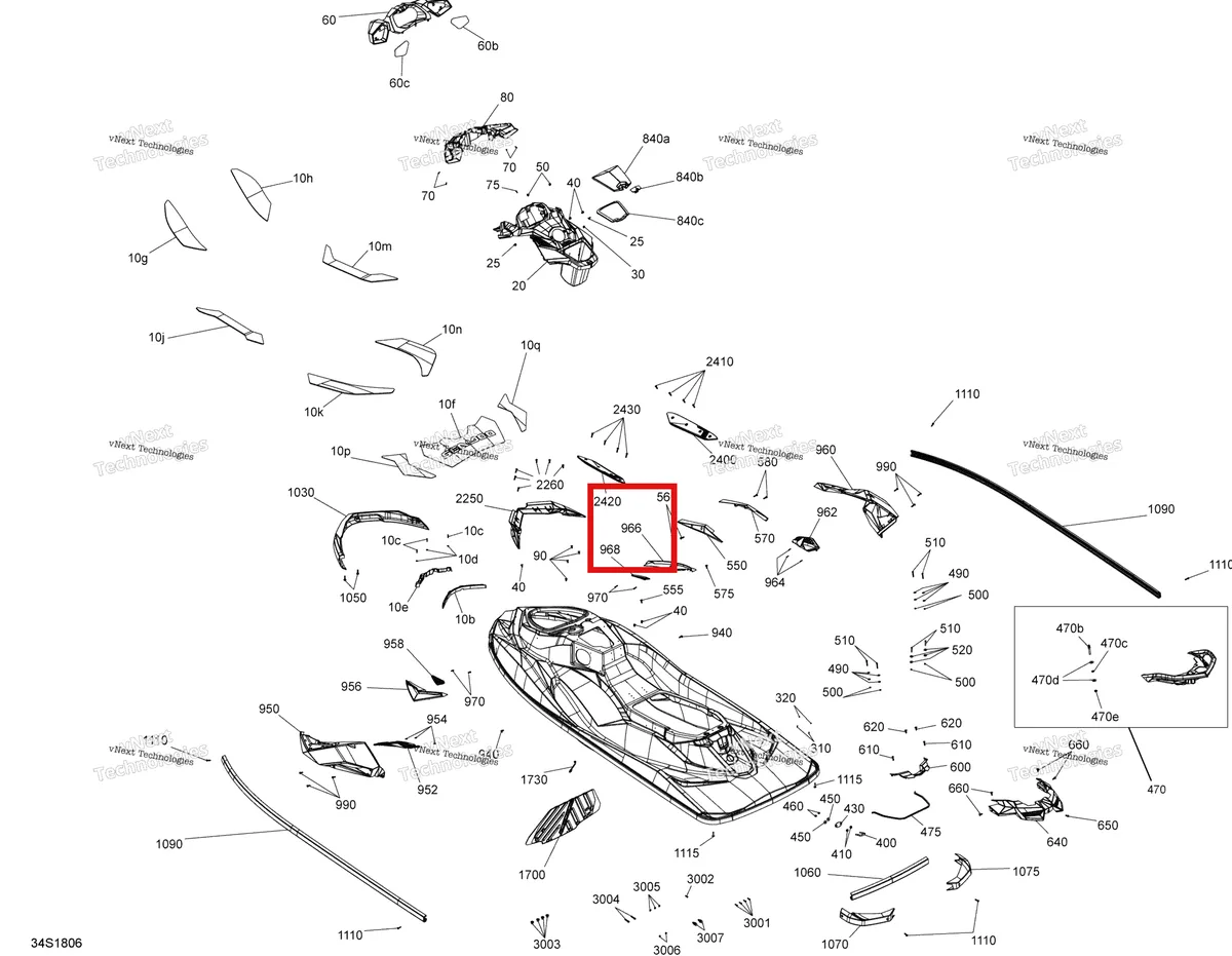 Деталь 291004369 (Красный передний Cosmetic правый Sea-Doo RXP 300 (2018) (291004369)) на схеме узла 2018 Sea-Doo RXP 300 Body Rxp - 300