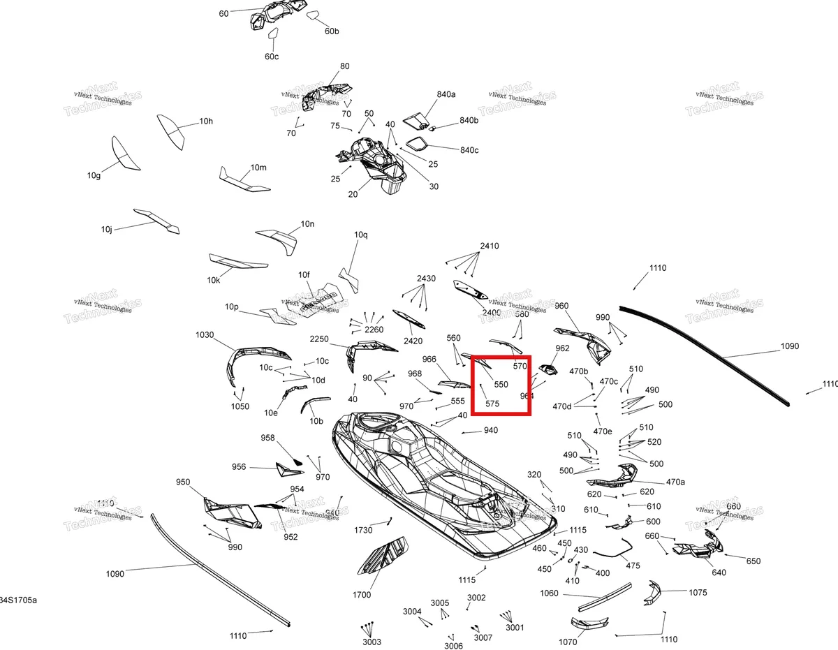 Деталь 291004428 (Жёлтый Cosmetic левый модель цвет белый Sea-Doo RXP (2016) (291004428)) на схеме узла 2017 Sea-Doo RXP Body - All Models