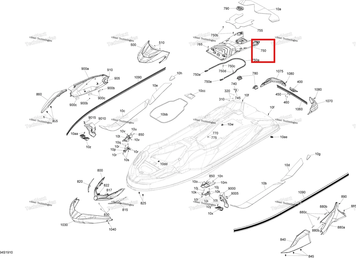 Схема применяемости: Access крышка в сборе включает 750 to 750 e Sea-Doo RXT 300 (2018) (291004462)