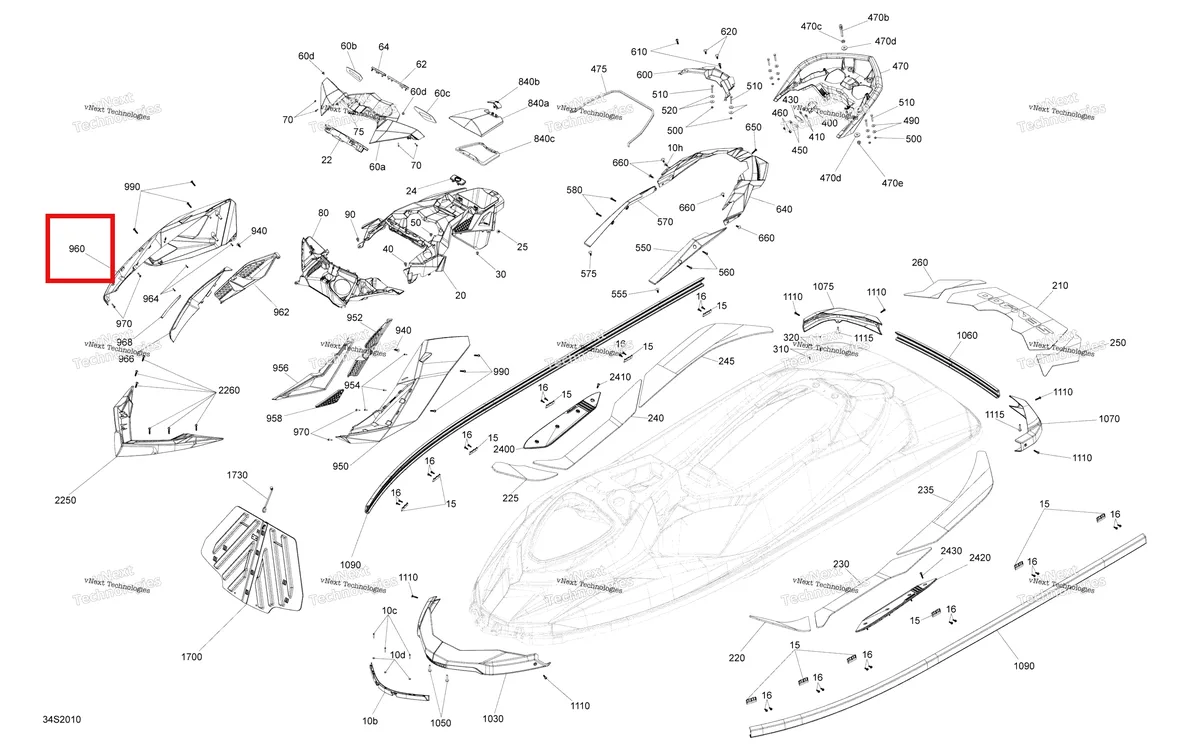 Деталь 291004506 (Глубокий чёрный правый боковой Cosmetic модель Jungle зелёный Sea-Doo RXP 300 (2020) (291004506)) на схеме узла 2020 Sea-Doo RXP 300 Body