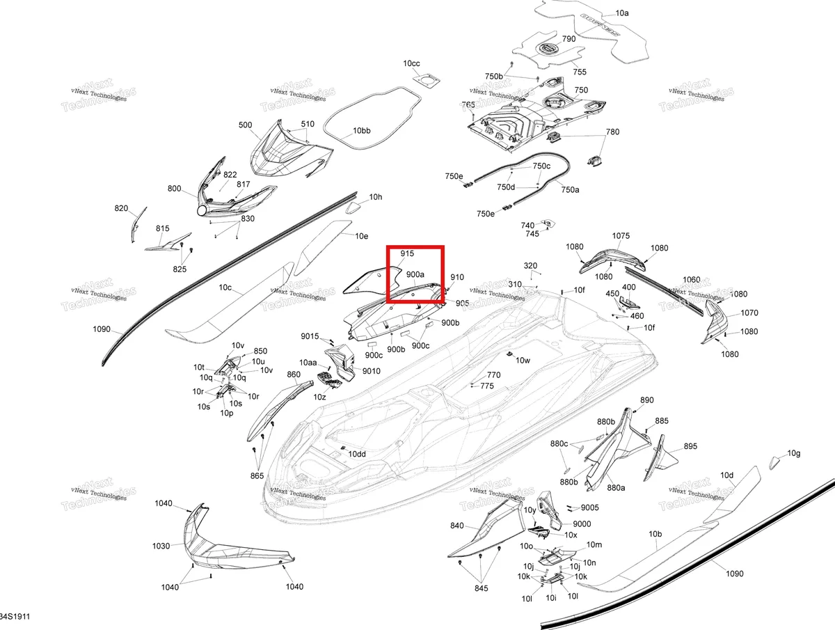 Деталь 291004557 (Liquid металлический правый центральный корпус панель Sea-Doo GTX 300 (2020) (291004557)) на схеме узла 2019 Sea-Doo GTX 230 Body