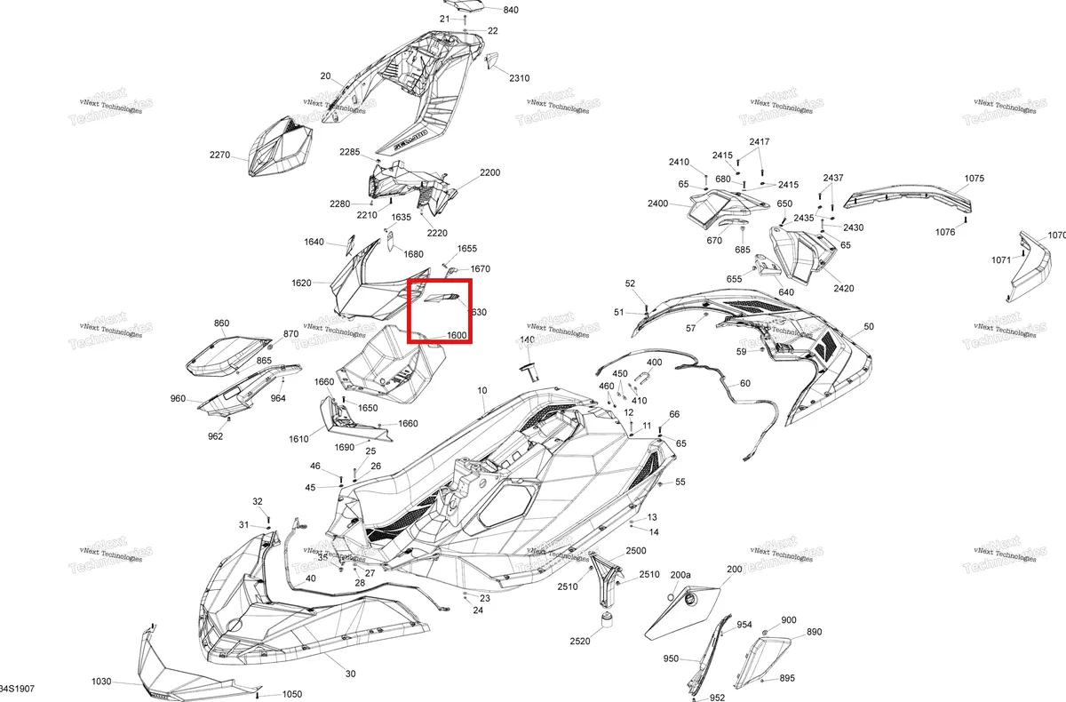 Схема применяемости: Жёлтый передний облицовка Sea-Doo Spark 900 ACE (2018) (291004739)