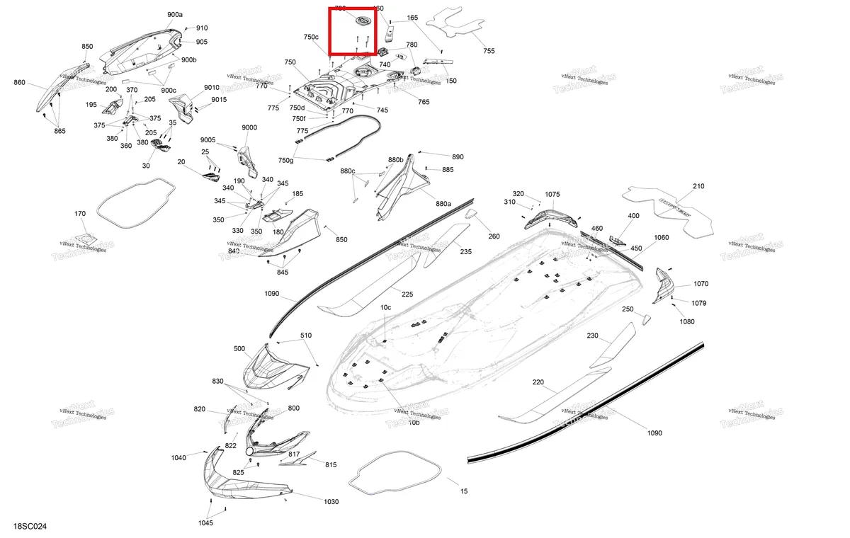 Деталь 291004782 (Глубокий чёрный правый центральный корпус панель Sea-Doo GTX STD 300 (2023) (291004782)) на схеме узла 2023 Sea-Doo GTX 170 Body - System