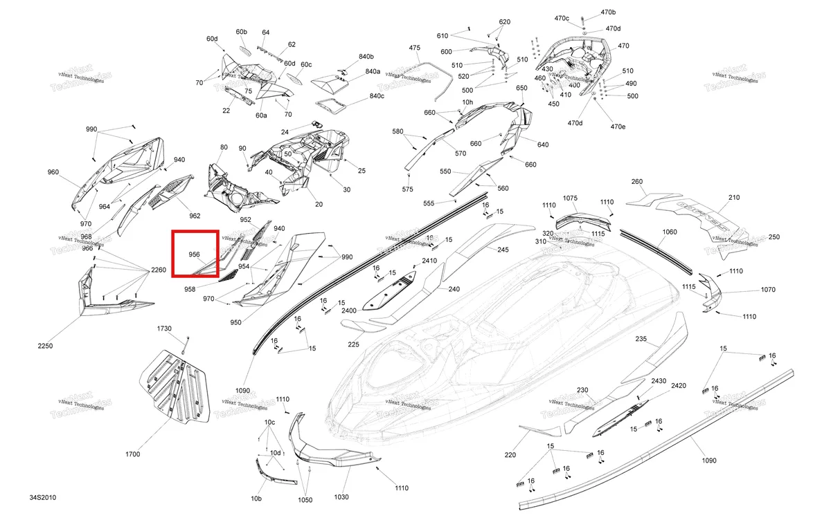 Деталь 291004962 (Liquid Gold левый передний панель облицовка модель Dragon красный Sea-Doo RXP 300 (2020) (291004962)) на схеме узла 2020 Sea-Doo RXP 300 Body