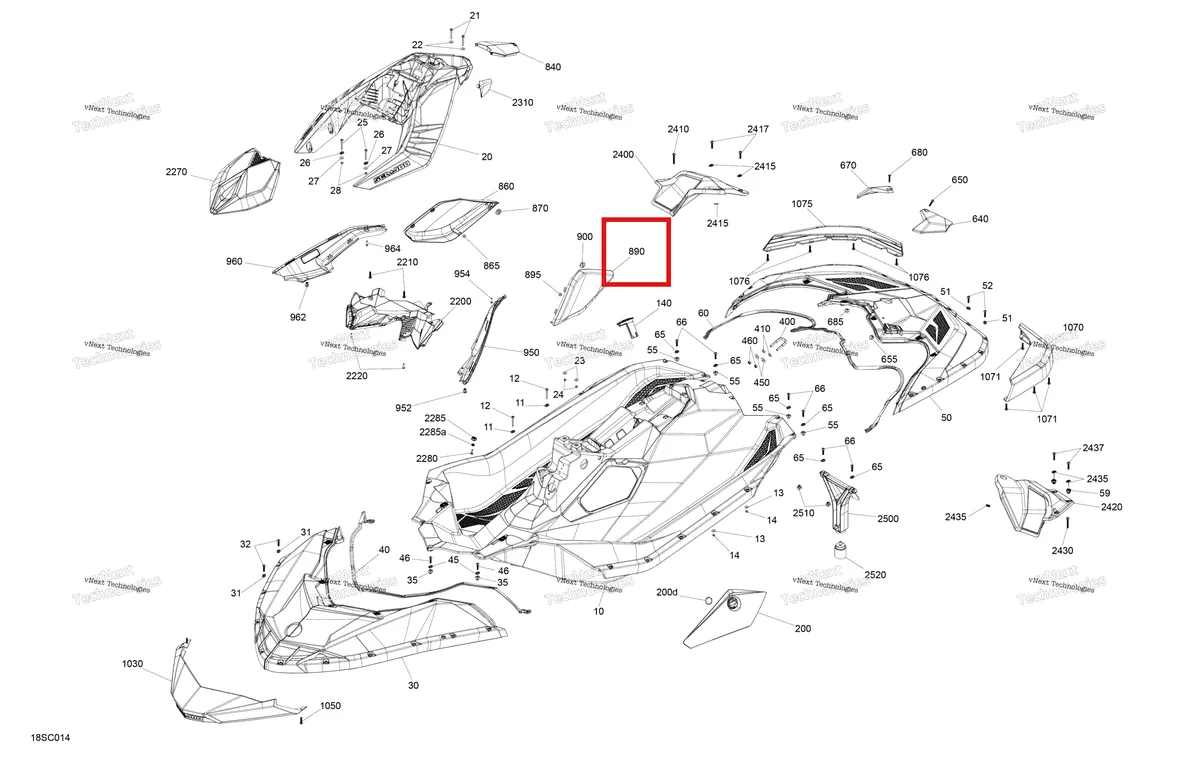 Схема применяемости: Левый литой Knee накладка Sea-Doo Spark Trixx 2up (2023) (291005093)
