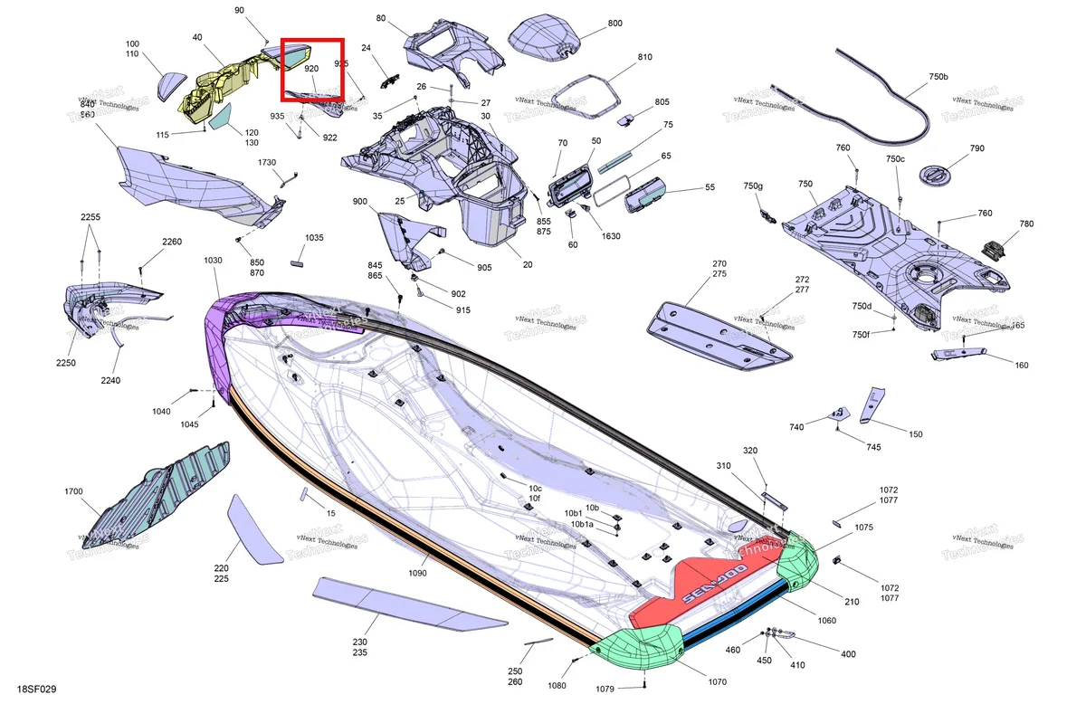 Схема применяемости: Правый передний решётка панель Sea-Doo RXP 325 X (2026) (291005331)