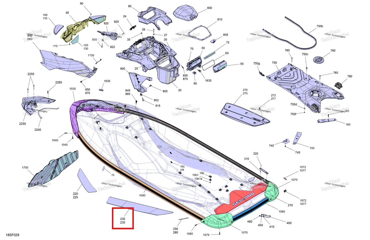 Деталь 291005470 (Левый задний Anti Slip Mat Sea-Doo GTR 300 X (2026) (291005470)) на схеме узла 2026 Sea-Doo GTR - 300 - X - 24TB - Eclipse Black - Audio Body - System