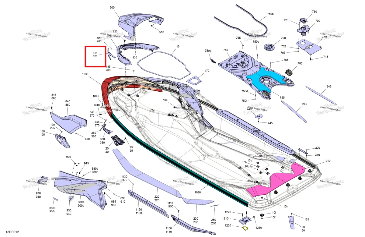 Деталь 291005969 (Оранжевый Crush правый облицовка Sea-Doo GTX STD 300 (2023) (291005969)) на схеме узла 2026 Sea-Doo FISH PRO TROPHY - 170 - 19TB - Flint Grey - Audio Body - System