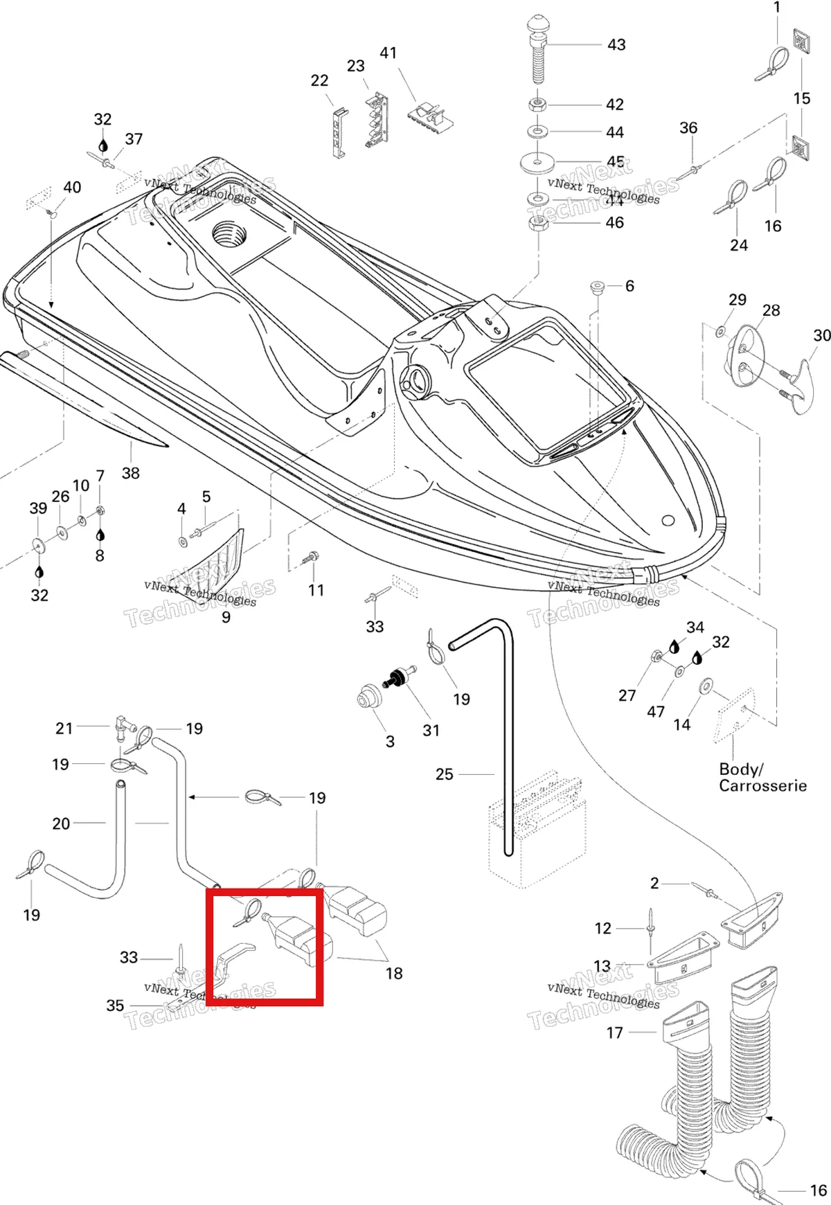 Деталь 292000230 на схеме узла 1996 Sea-Doo SPX, 5877 Body, Front View Spx