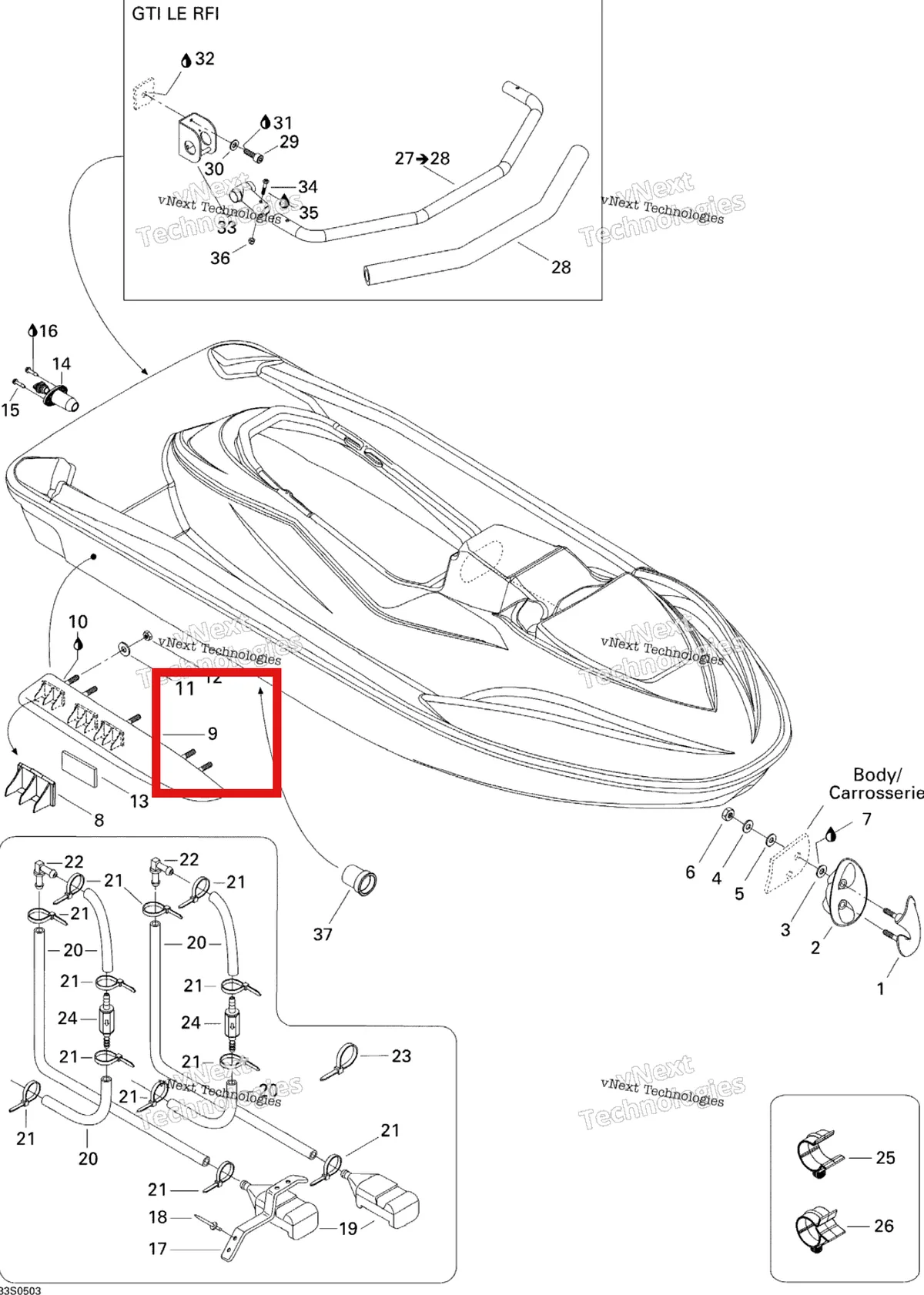 Деталь 292000594 на схеме узла 2005 Sea-Doo GTI LE RFI Hull Le