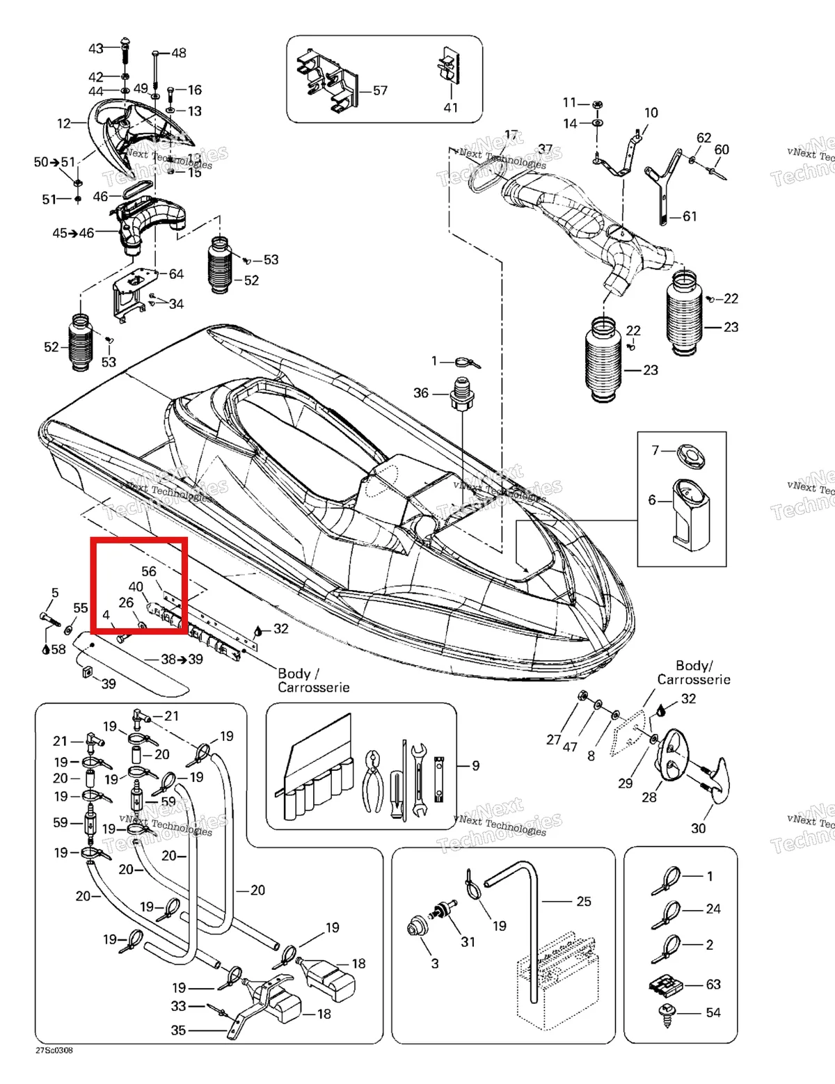 Деталь 292000627 на схеме узла 2003 Sea-Doo RX DI, 6122/6123 Body, Front View