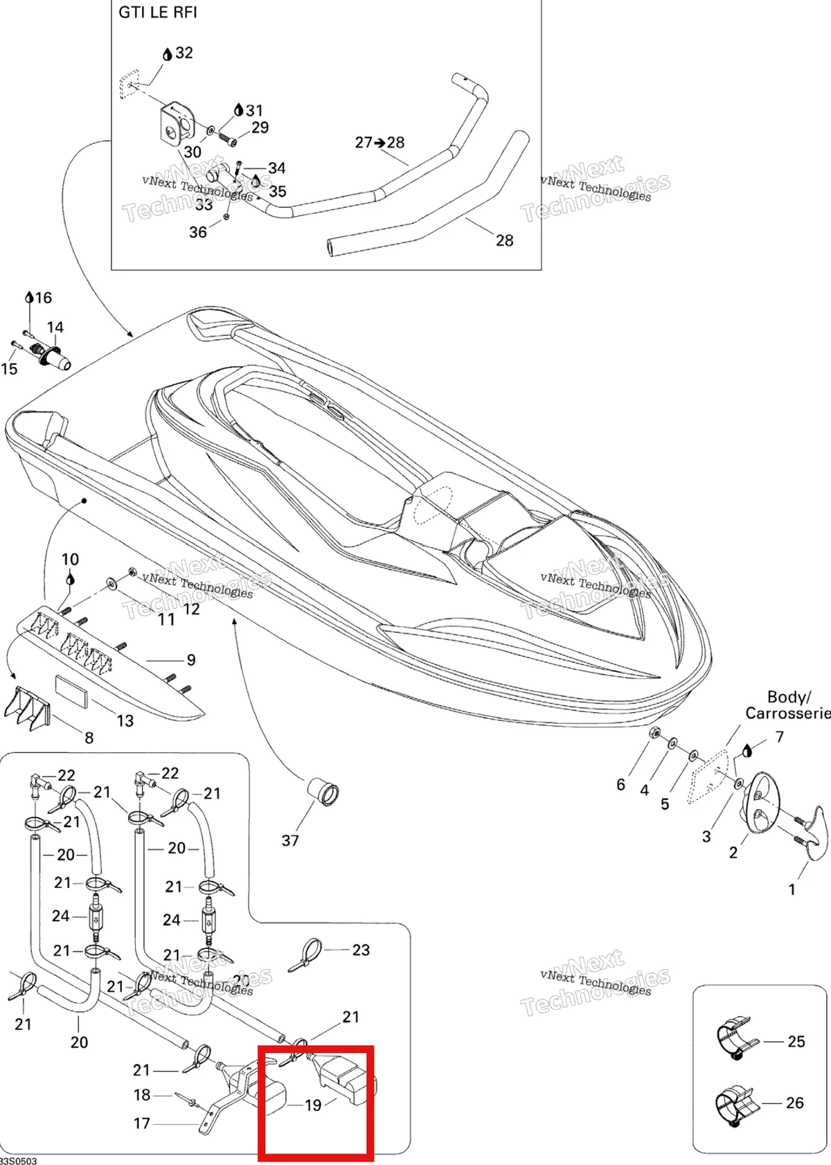 Деталь 292000688 на схеме узла 2005 Sea-Doo GTI LE RFI Hull Le