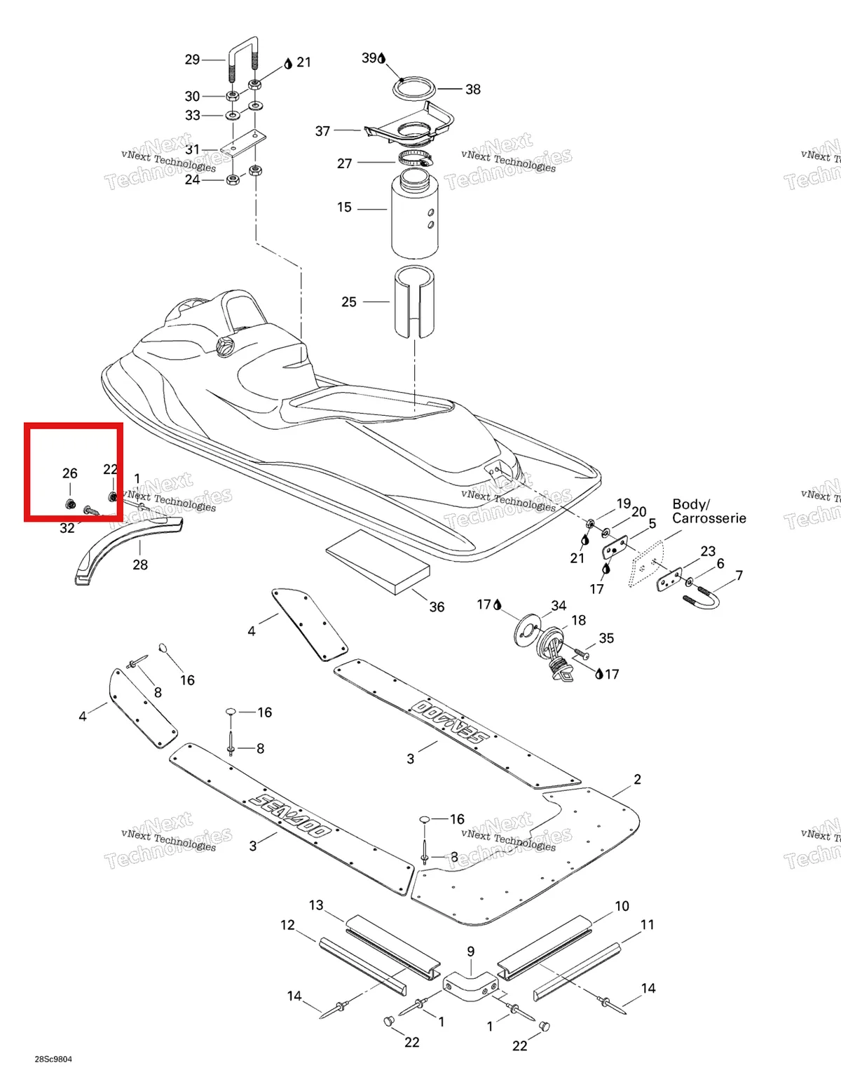 Деталь 293000072 на схеме узла 1998 Sea-Doo GSX Limited, 5629/5845 Body