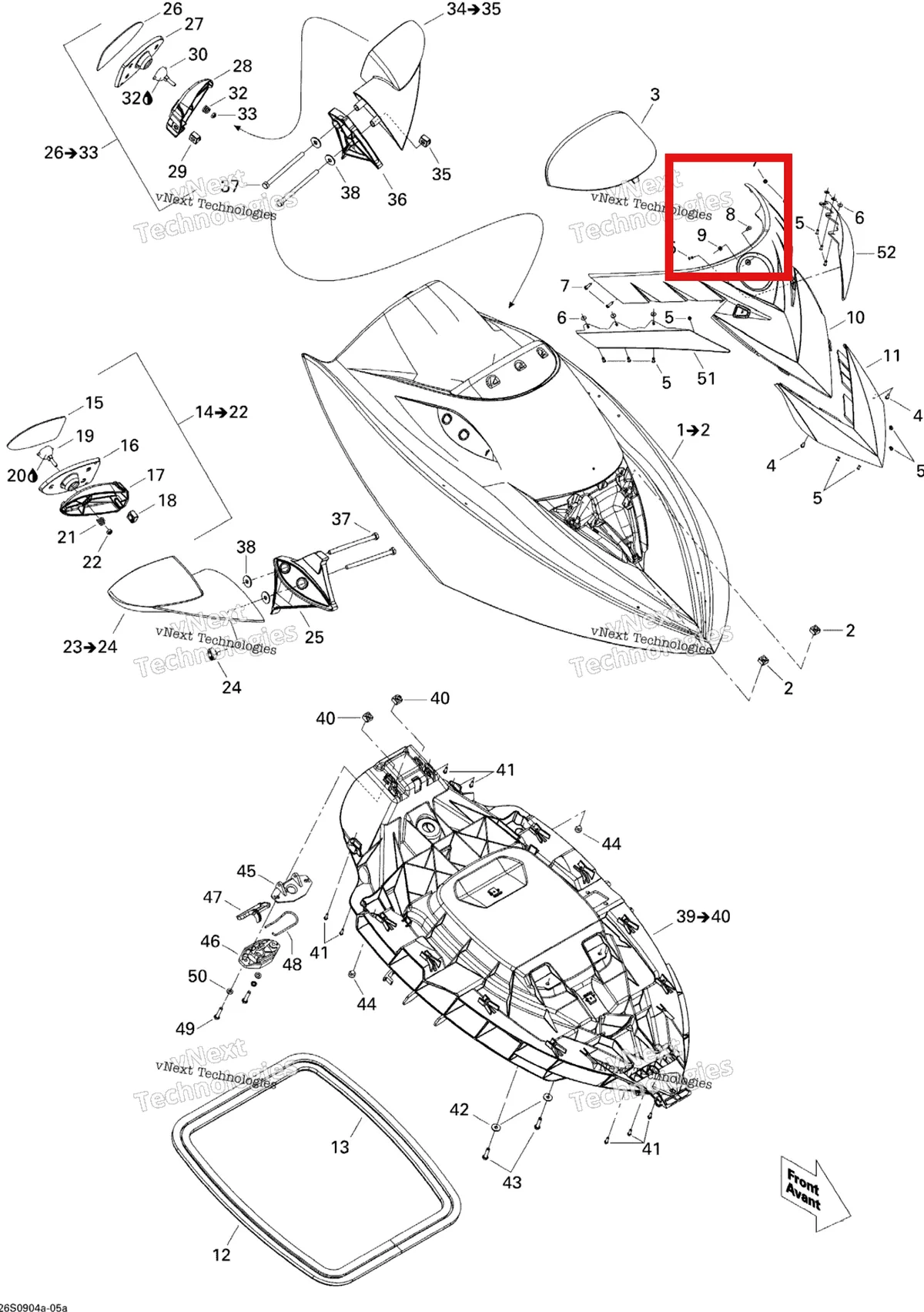 Деталь 293150029 на схеме узла 2009 Sea-Doo RXT 215 Front Storage Compartment 1