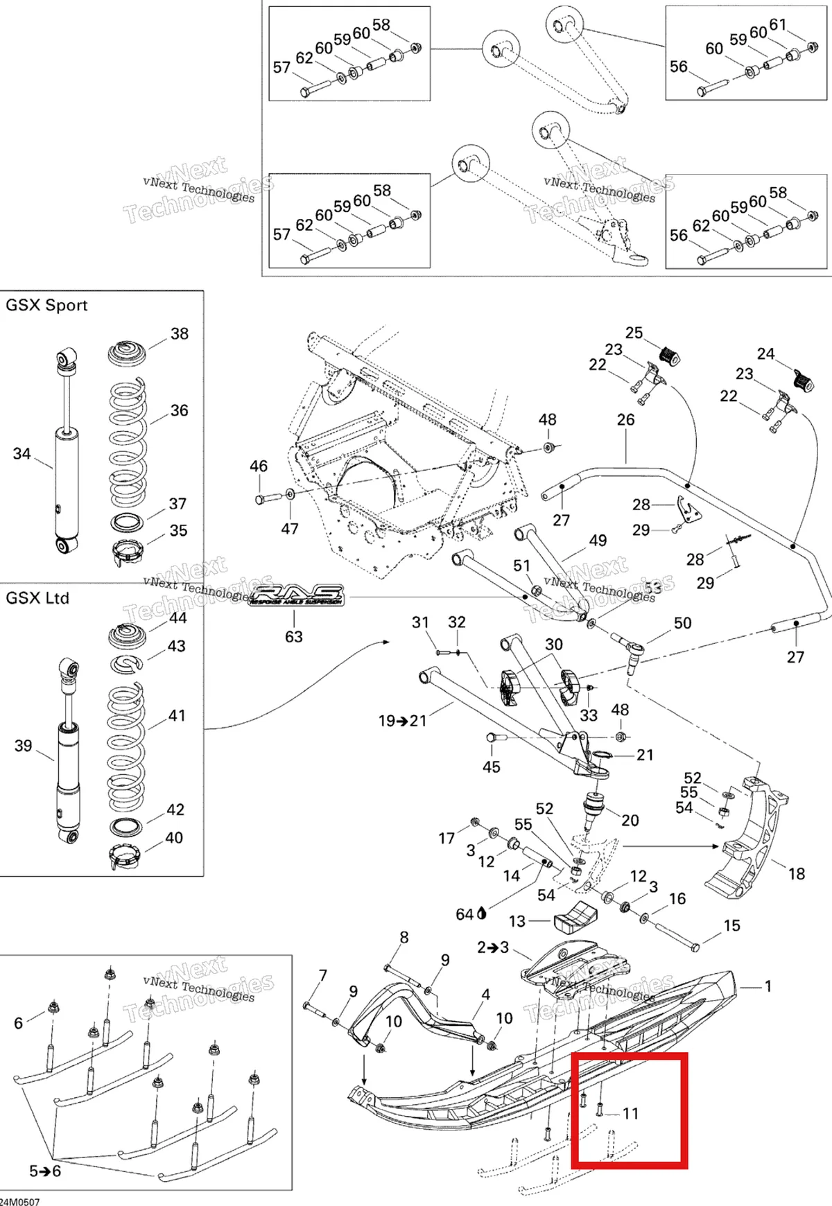 Деталь 293150090 на схеме узла 2005 Ski-Doo GSX 600 HO SDI Front Suspension And Ski