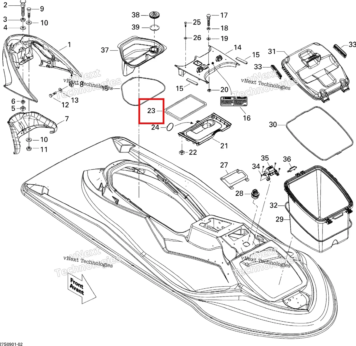 Деталь 293200090 на схеме узла 2009 Sea-Doo GTX 155 Body, Front View
