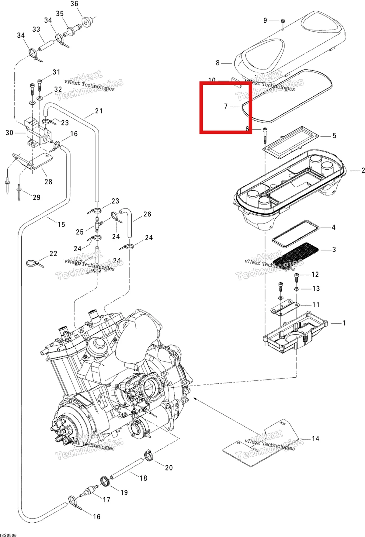 Деталь 293250023 на схеме узла 2005 Sea-Doo 3D RFI Air Intake