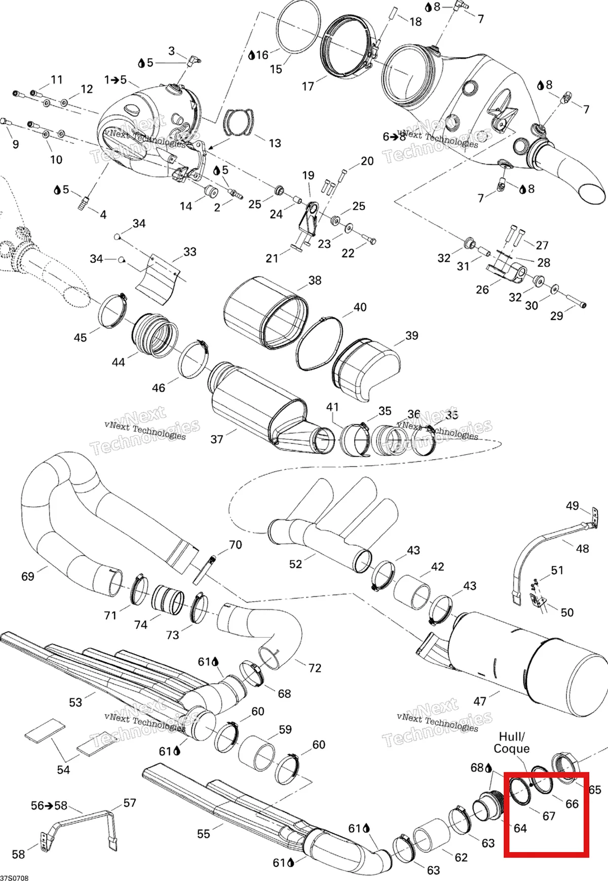 Деталь 293250041 на схеме узла 2007 Sea-Doo 3D 947 DI Exhaust System