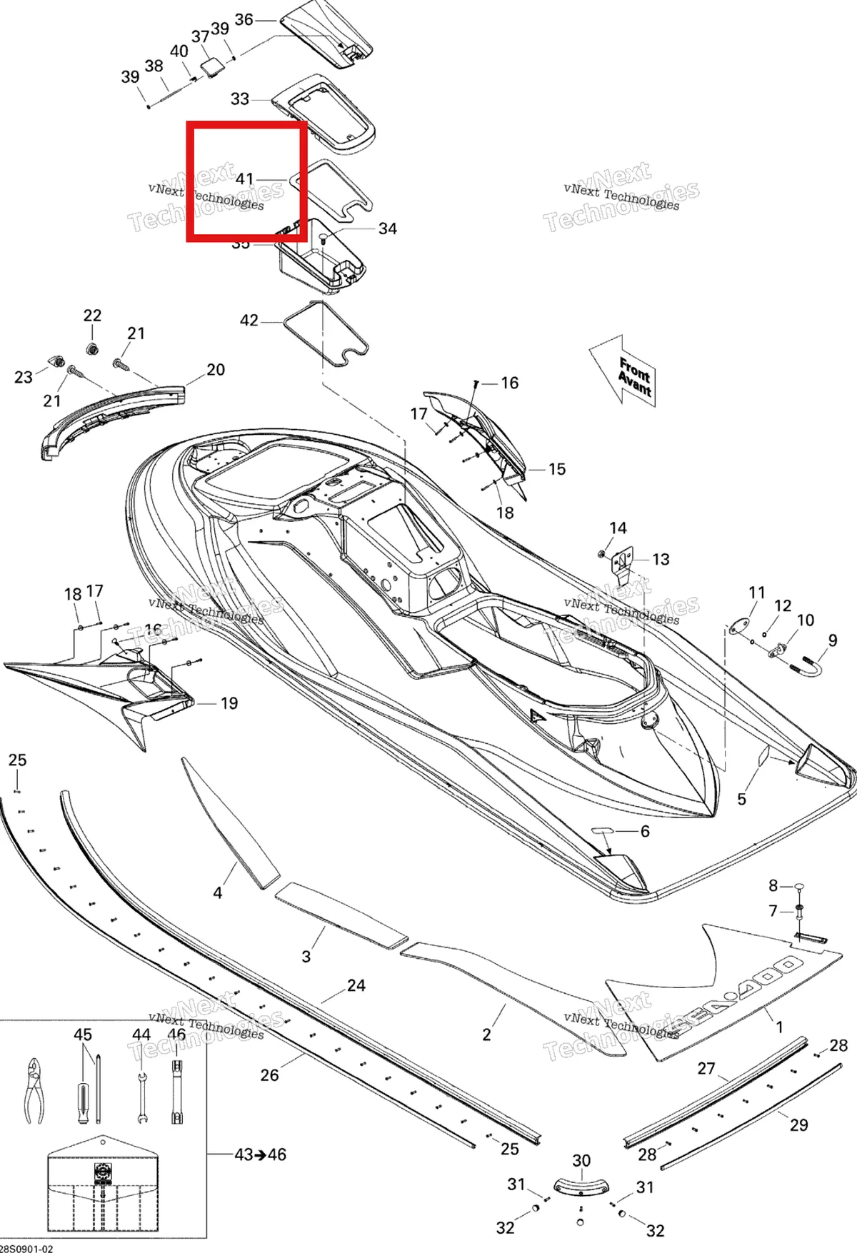 Деталь 293250126 на схеме узла 2009 Sea-Doo GTX 155 Body, Rear View
