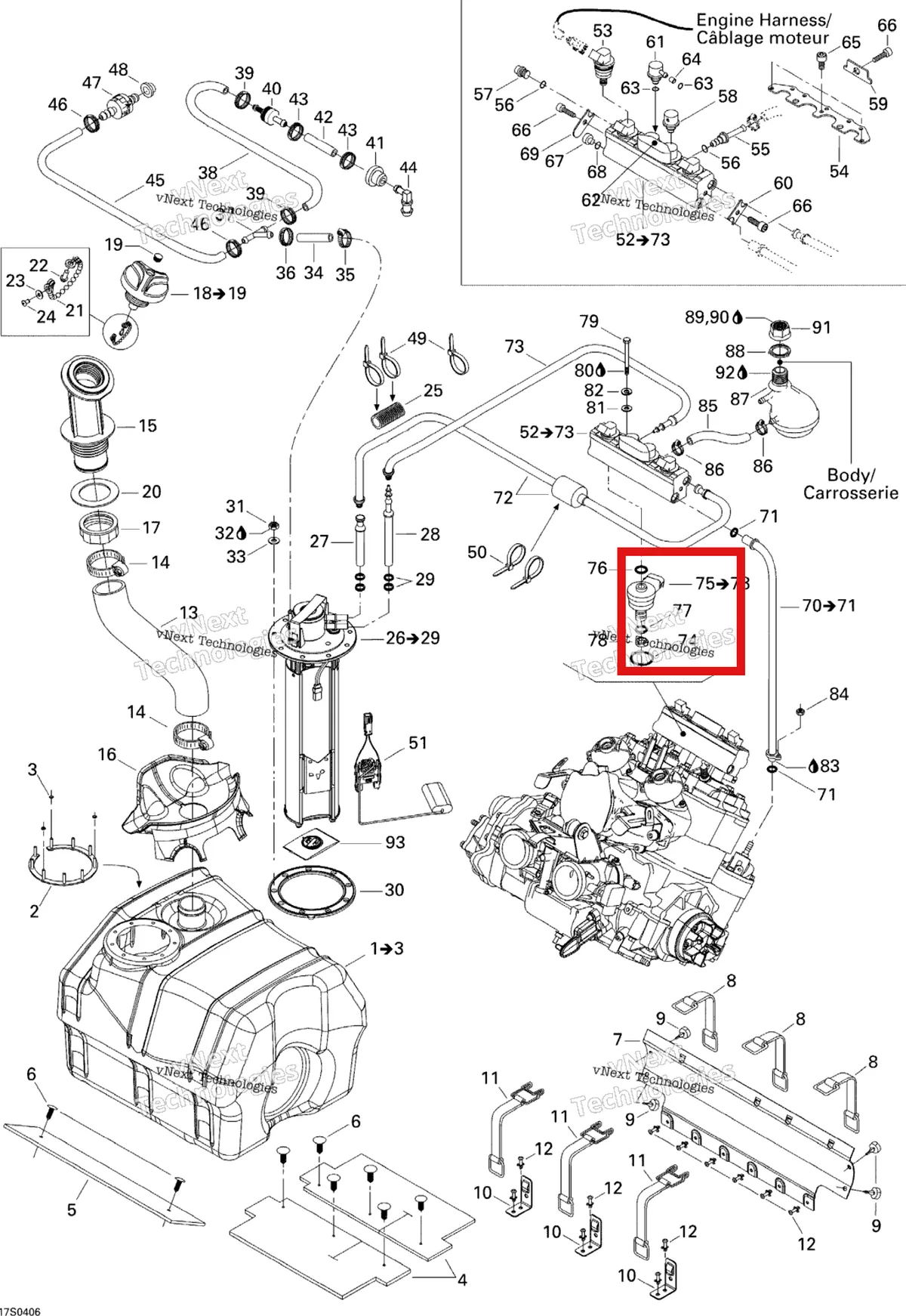 Деталь 293300076 на схеме узла 2004 Sea-Doo XP DI Fuel System