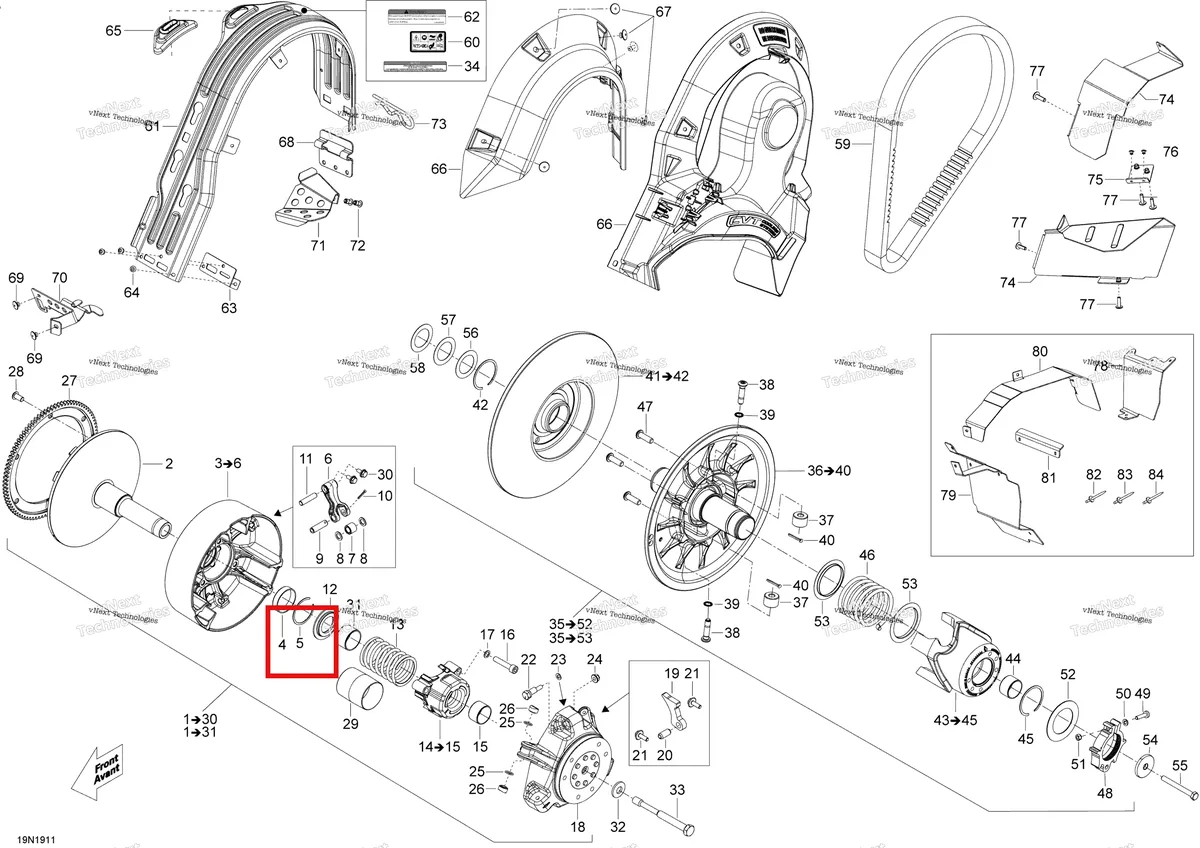 Деталь 293370071 (Пружинное стопорное кольцо) на схеме узла 2019 Ski-Doo EXPEDITION XTREME 800R E-TEC Pulley - 800R E-Tec