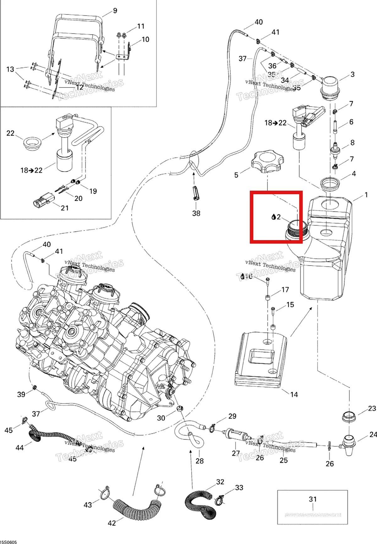 Деталь 293600045 на схеме узла 2006 Sea-Doo 3D 947 DI Oil Injection System