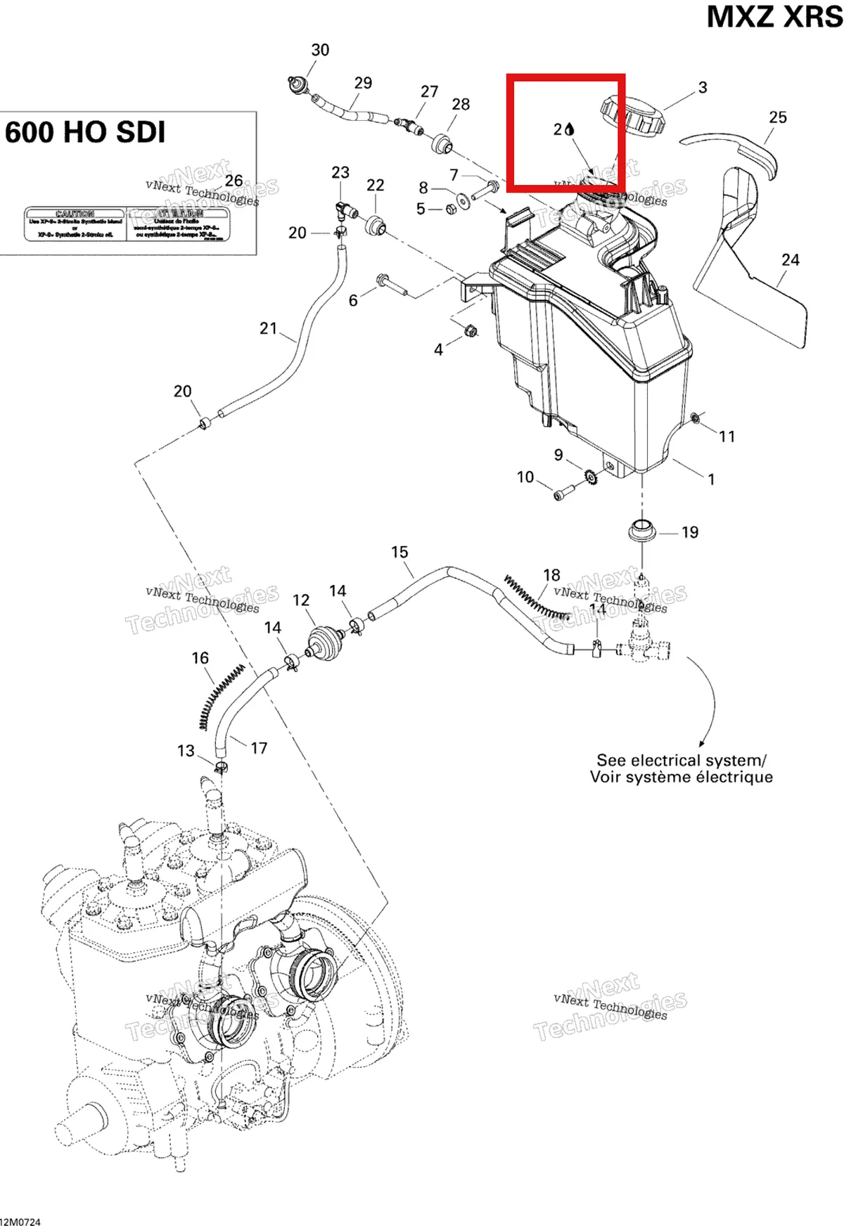 Деталь 293600071 (Деталь Injection Oil (12 X 1 Liter)) на схеме узла 2007 Ski-Doo MX Z XRS 600 HO SDI Oil System 600